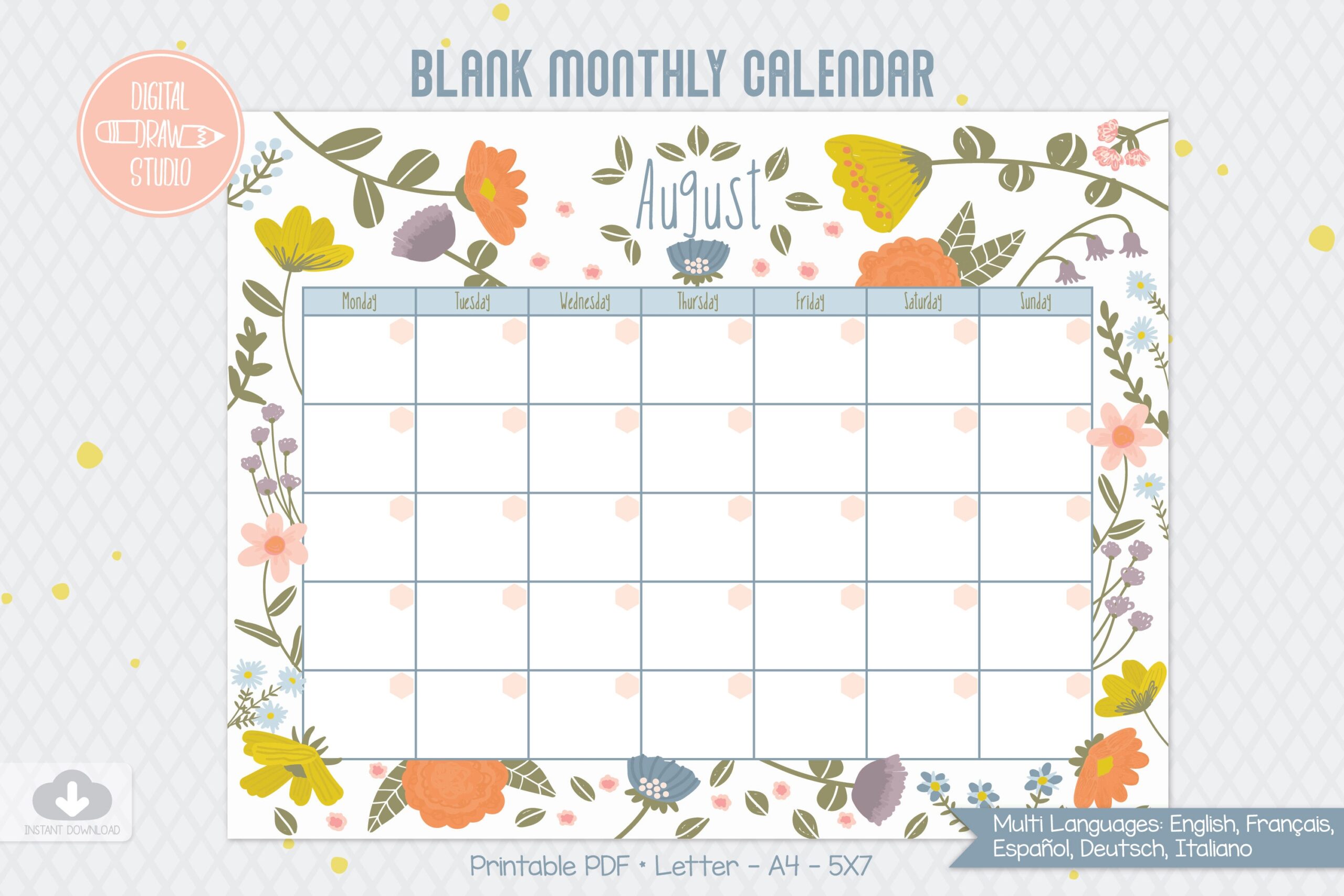 12 monthly calendar floral blank template multi language by digital draw studio thehungryjpeg