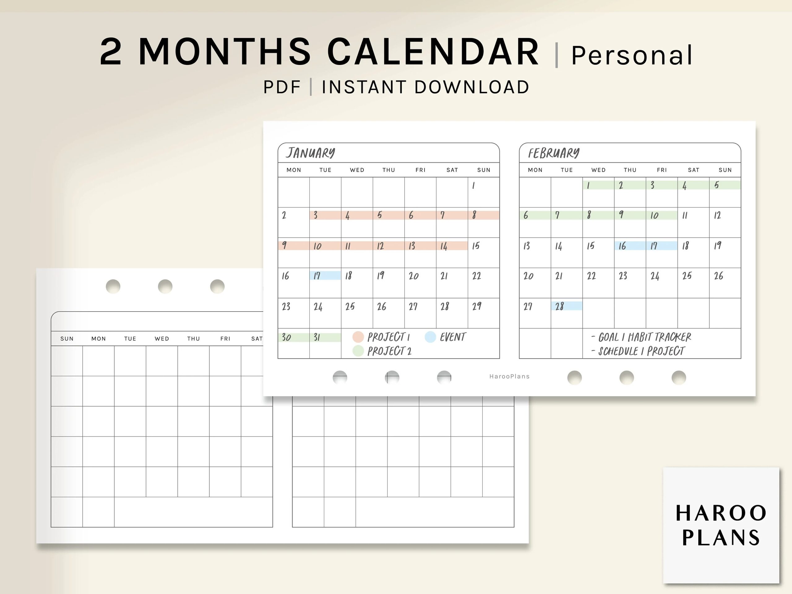 2 Month Calendar Personal Size Printable Planner Inserts Two Months On 1 Page Template Monthly PDF Horizontal Digital Download Etsy