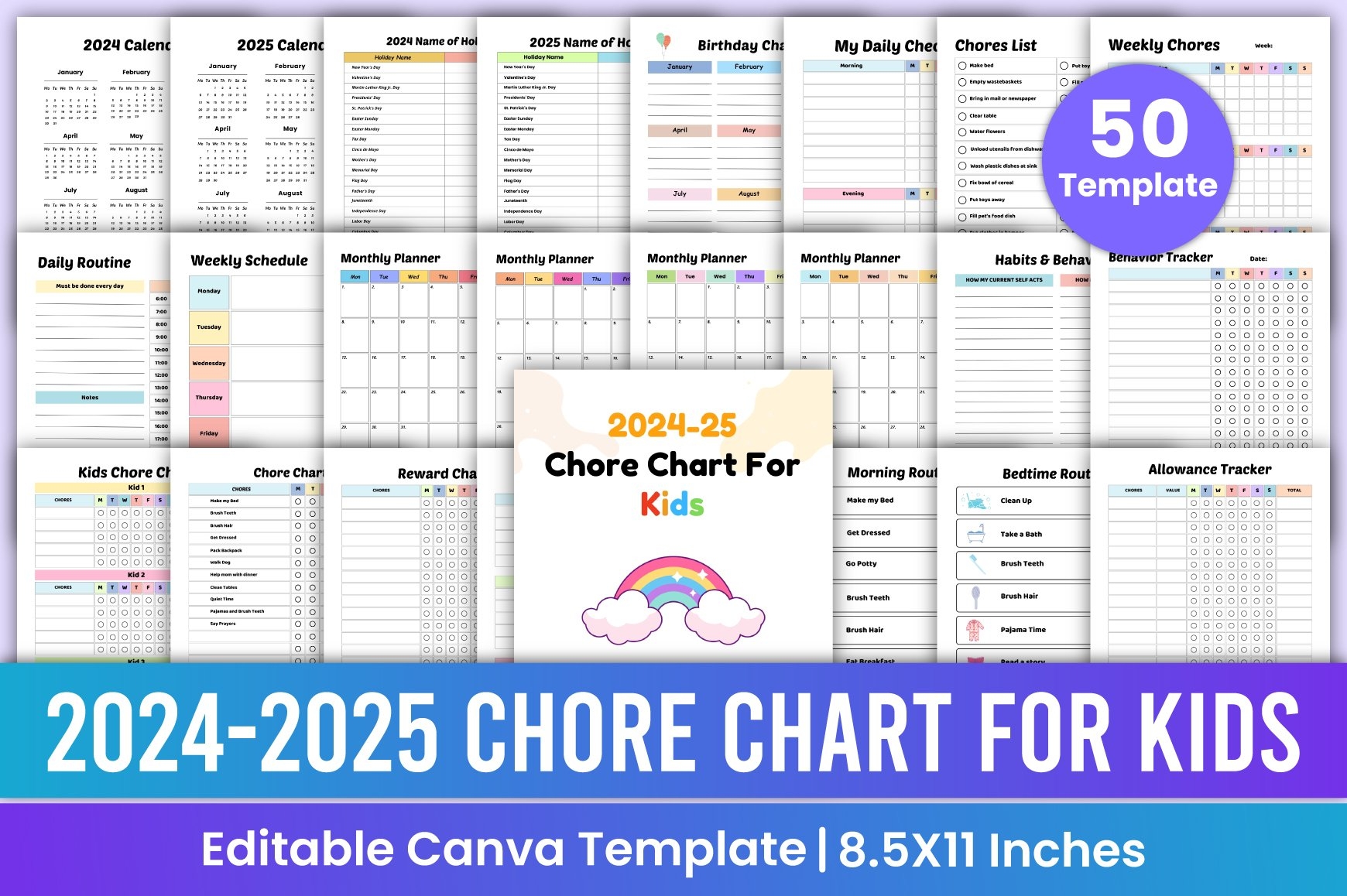 2024 2025 Chore Chart For Kids Canva Template