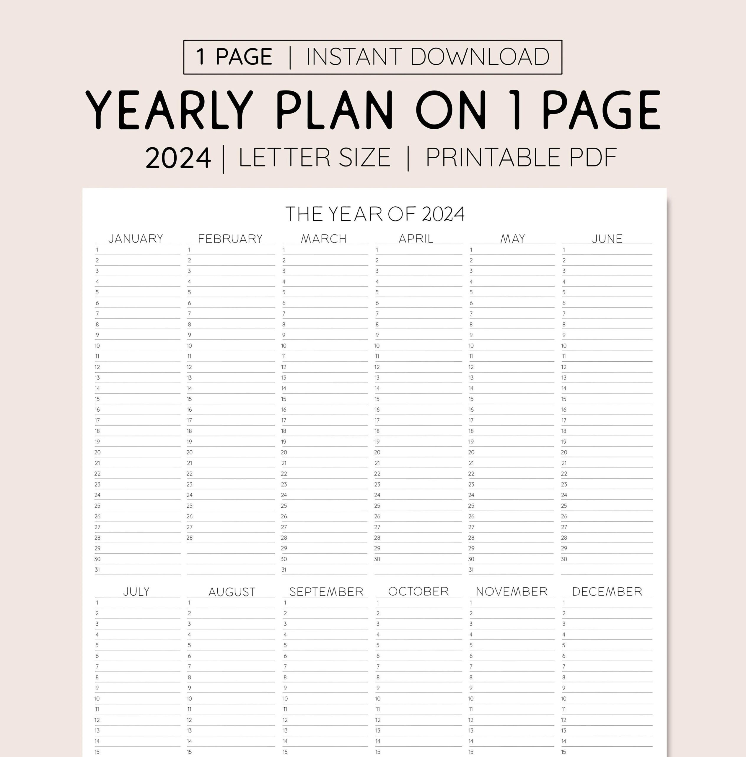 2024 year at a glance instant download yearly overview printable calendar yearly planner annual overview etsy