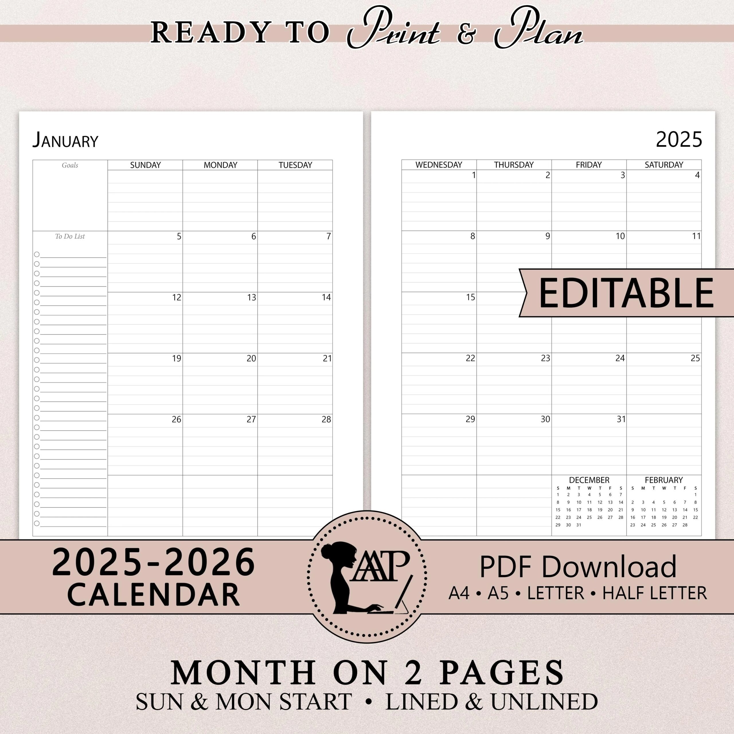 2025 2026 EDITABLE Calendar Printable Template Fillable Two 2 Page Lined Unlined Sunday Monday Start A4 A5 Half Letter PDF CLP01 04 Etsy 2025 2026 EDITABLE Calendar Printable Template Fillable Two 2 Page Lined Unlined Sunday Monday Start A4 A5 Half Letter PDF CLP01 04 Etsy