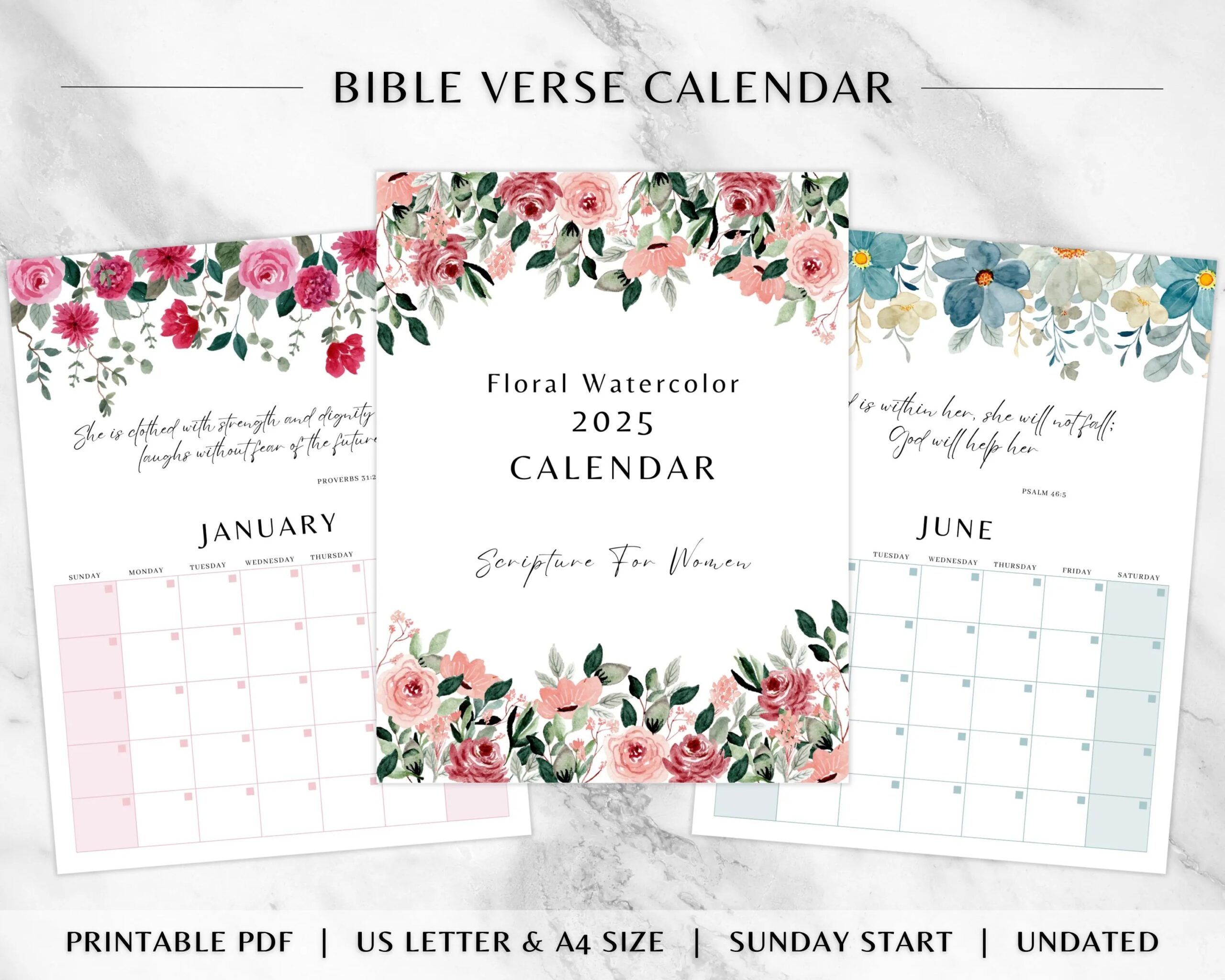 2025 Bible Verse Calendar Floral Watercolor Printable Christian Women Gift Inspirational Scripture Undated Dateless Monthly Planner Etsy