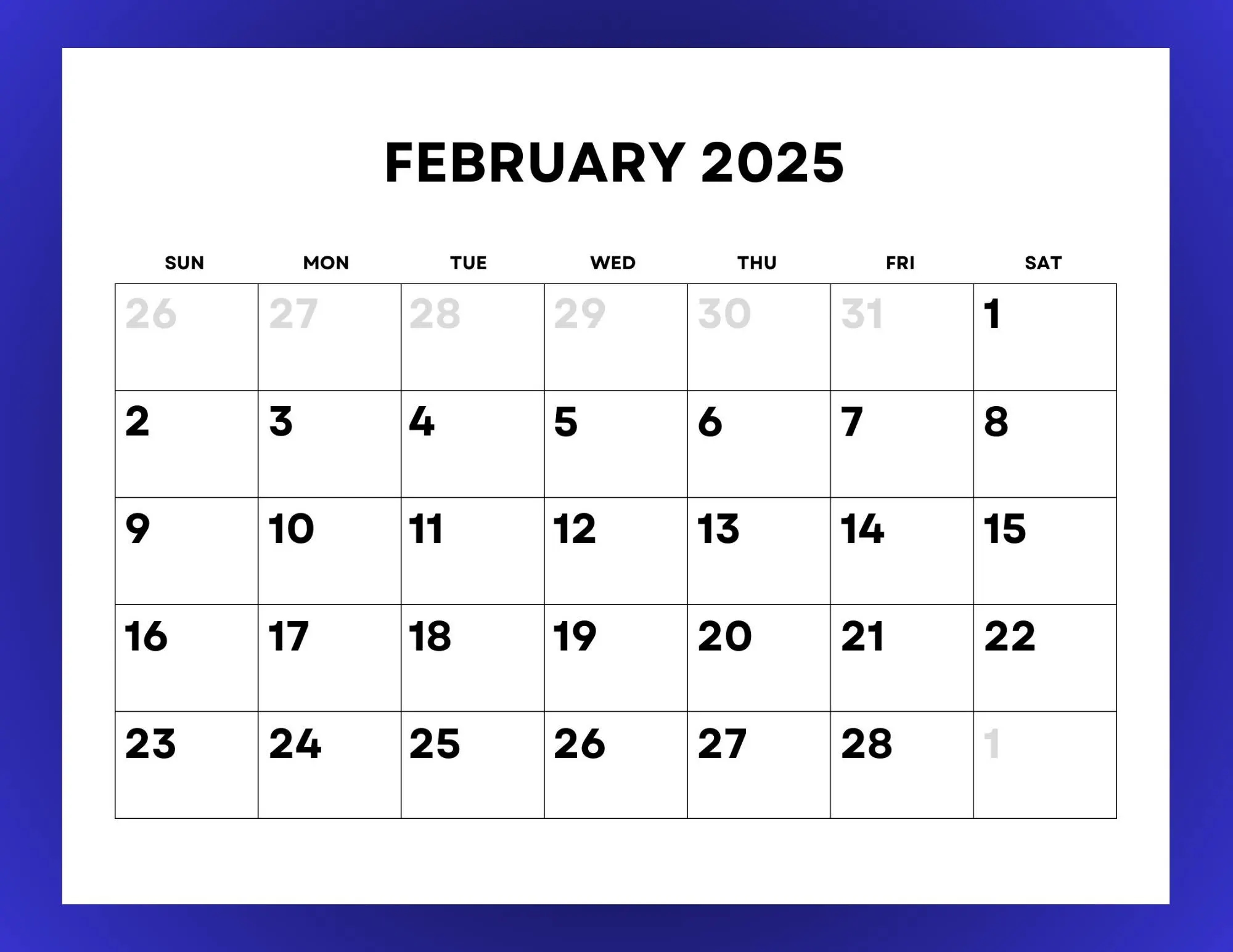 2025 Calendar Monthly Printable With Large Numbers Etsy