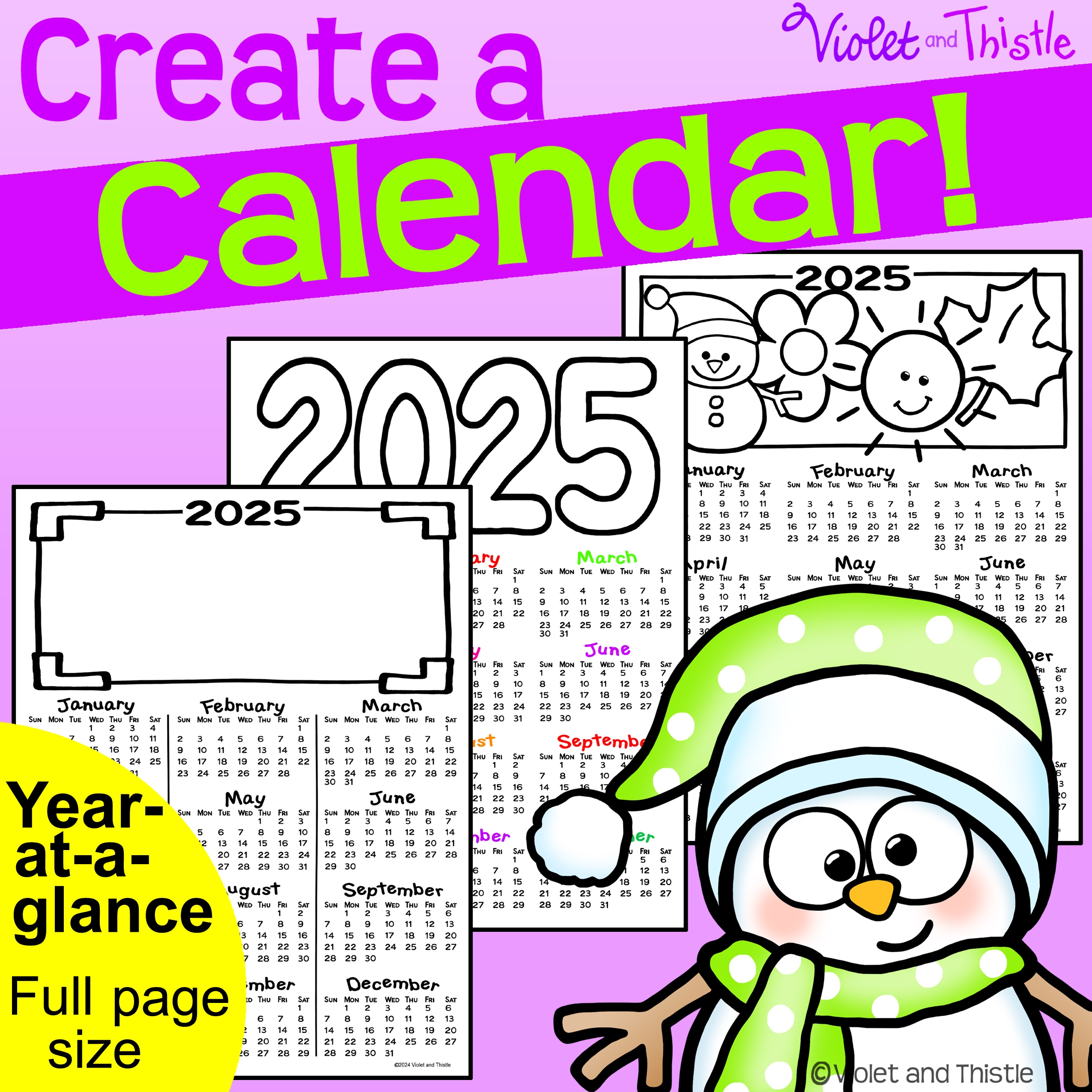 2025 Calendar Parent Christmas Gift Year At A Glance Fast One Single Page Last Minute Coloring 1P Made By Teachers