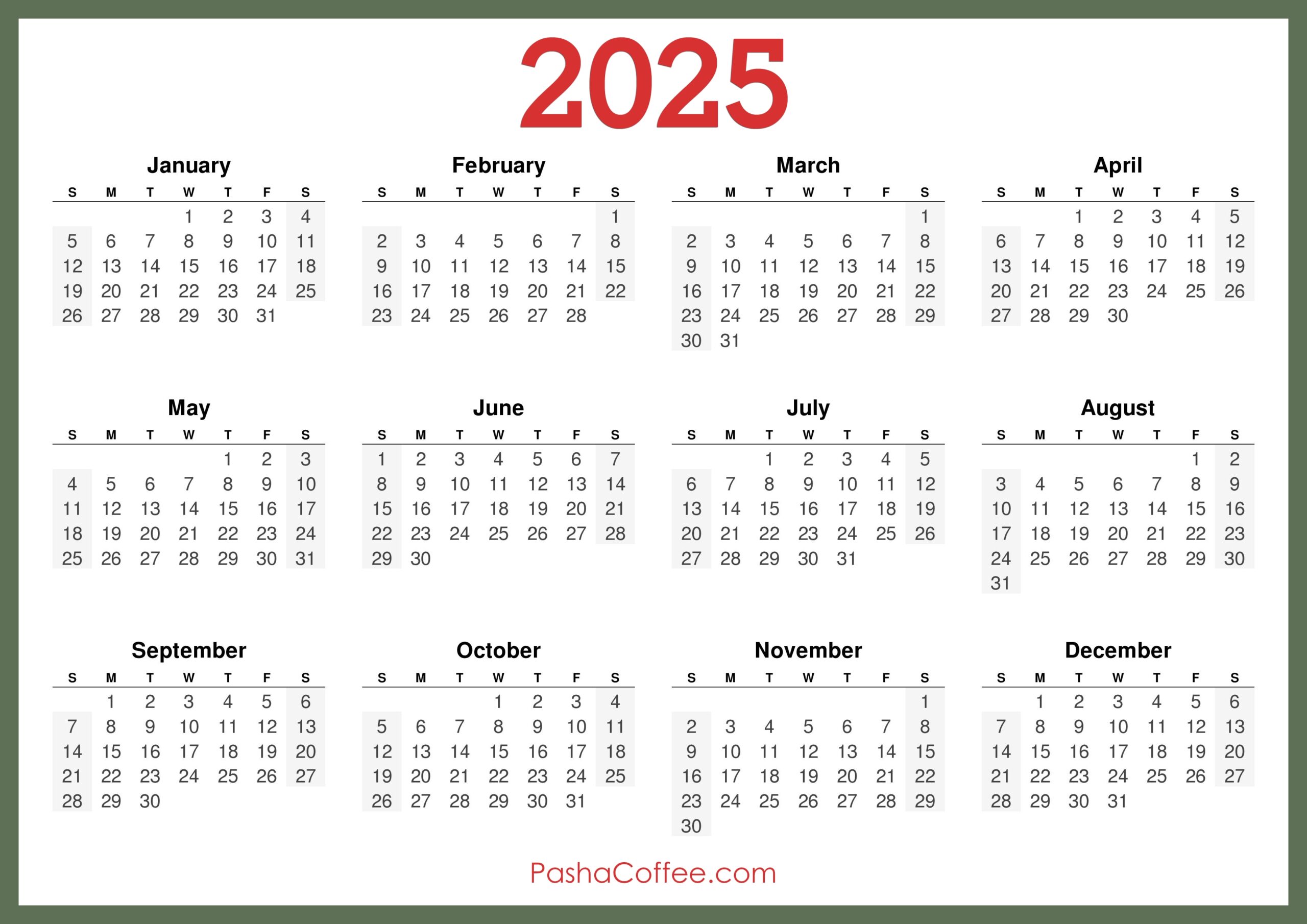 2025 Calendar Printable Free Horizontal Green PashaCoffee 2025 Calendar Printable Free Horizontal Green PashaCoffee