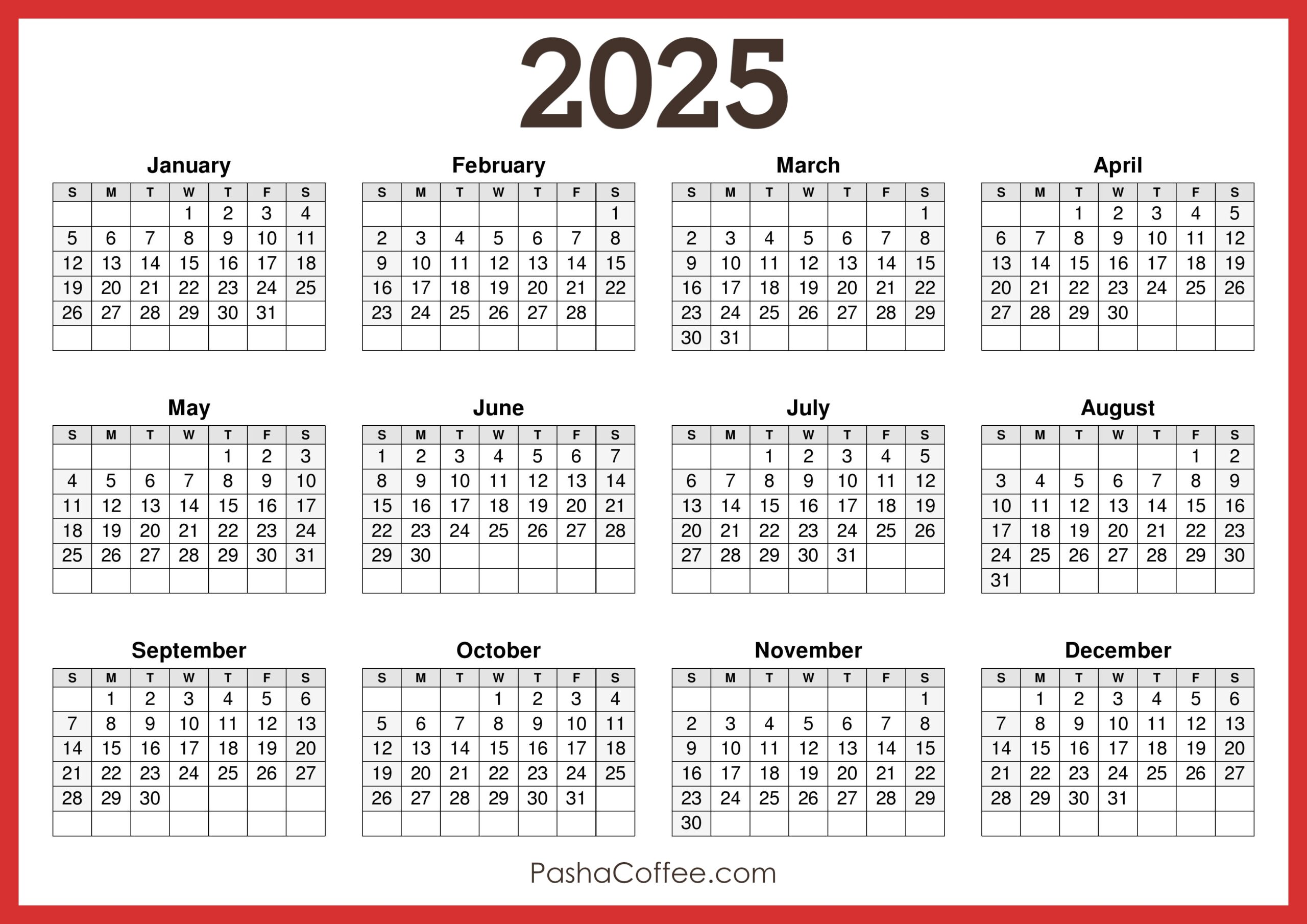 2025 Year At A Glance Calendar Free Printable