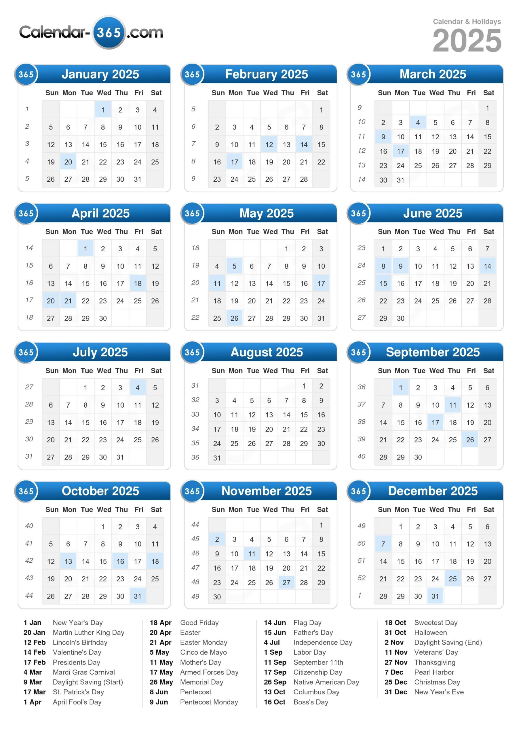 2025 calendar