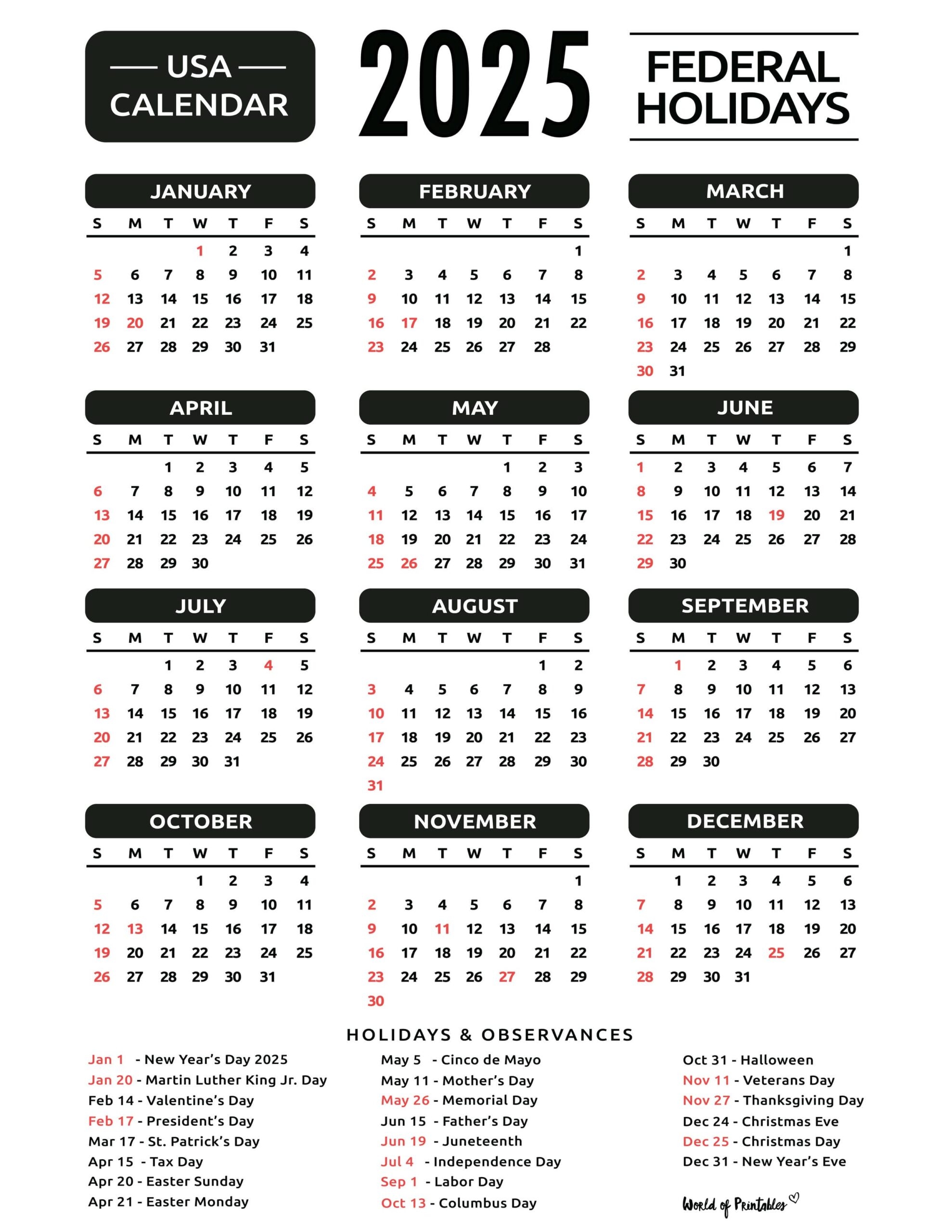 Free Printable 2025 Calendar With Holidays Portrait