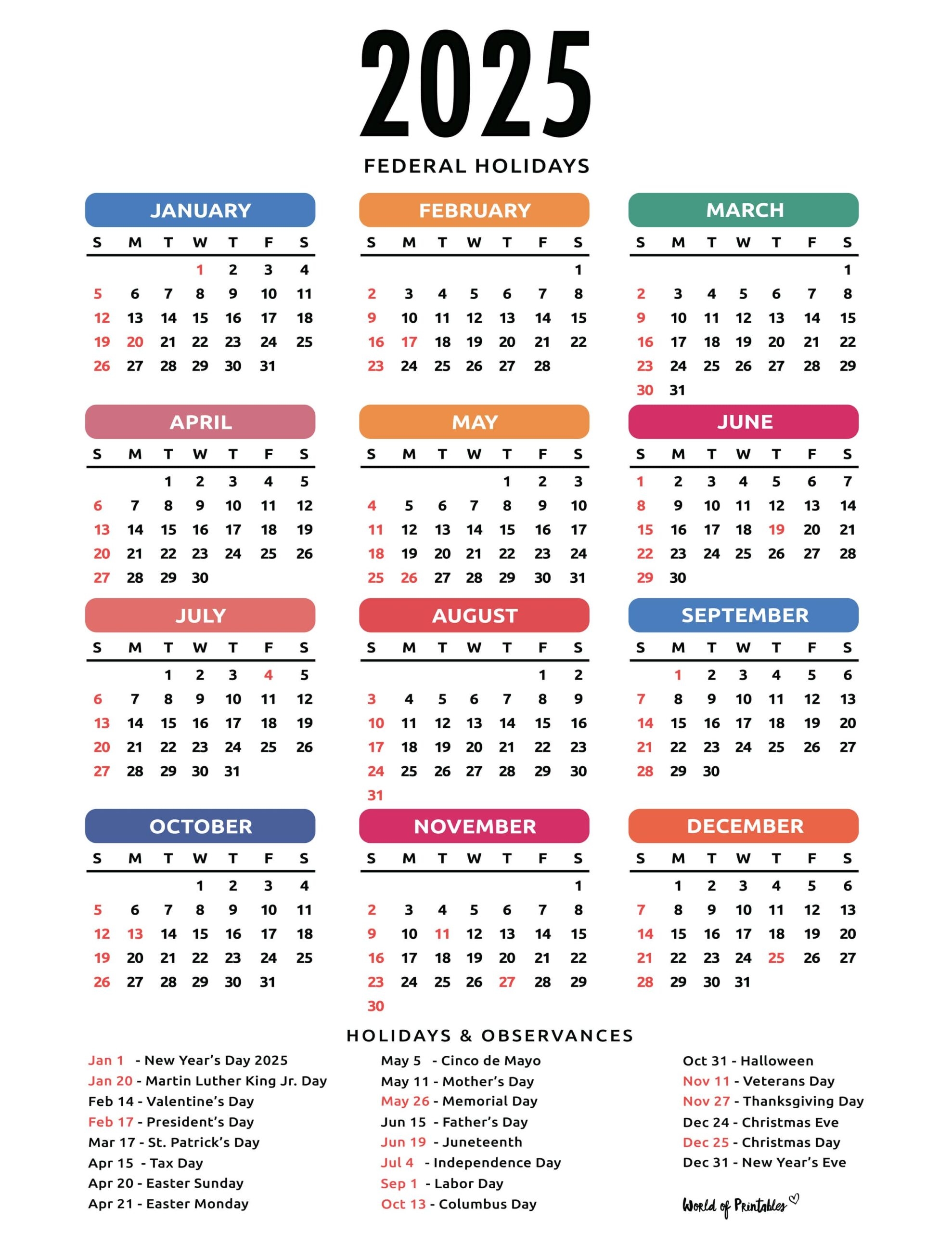 2025 Calendar With Holidays Free Printables In 28 Unique Styles World Of Printables 2025 Calendar With Holidays Free Printables In 28 Unique Styles World Of Printables
