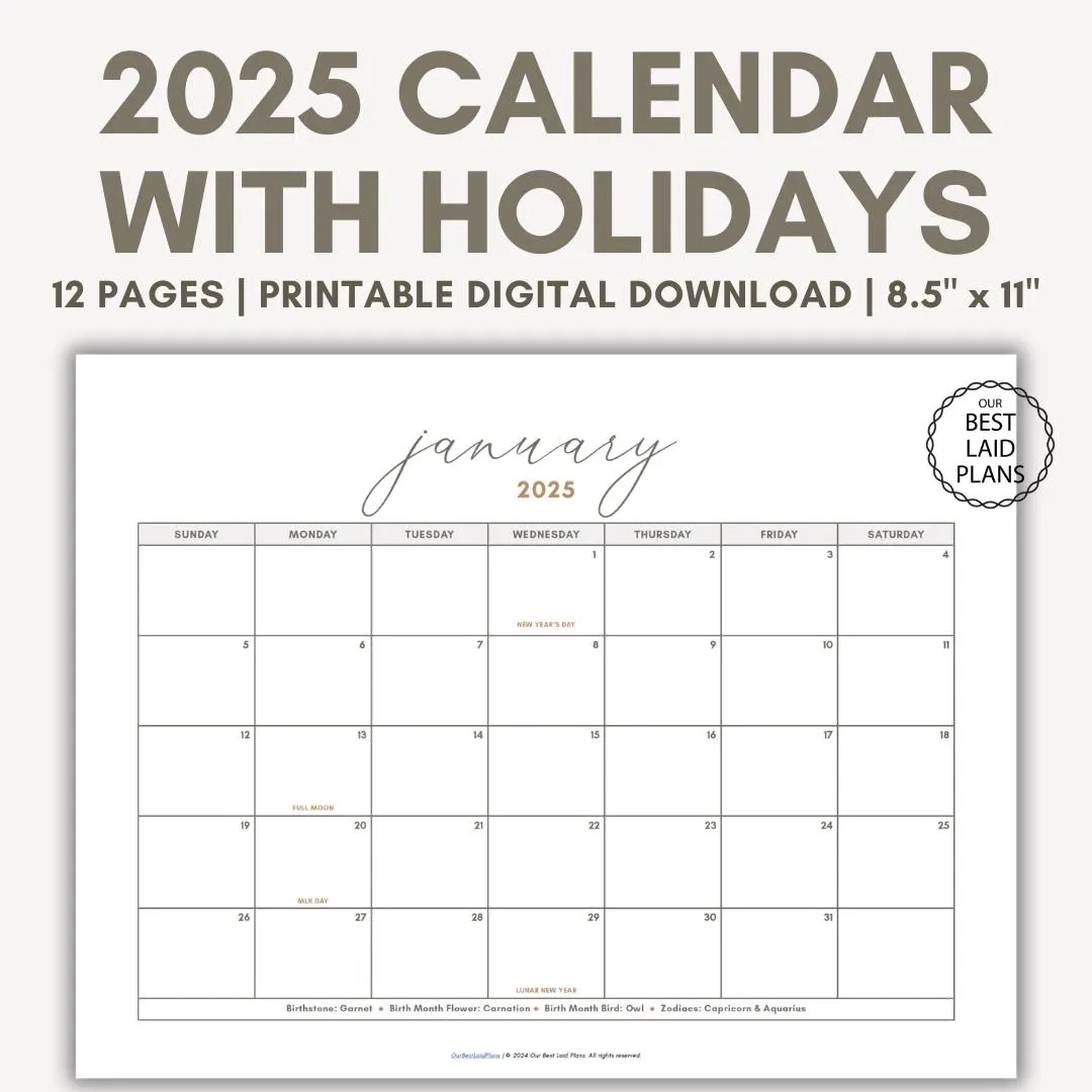 2025 Calendar With Holidays Printable 2025 Calendar With Holidays Printable Year 2025 Calendar With Holidays Printable Landscape PDF Etsy