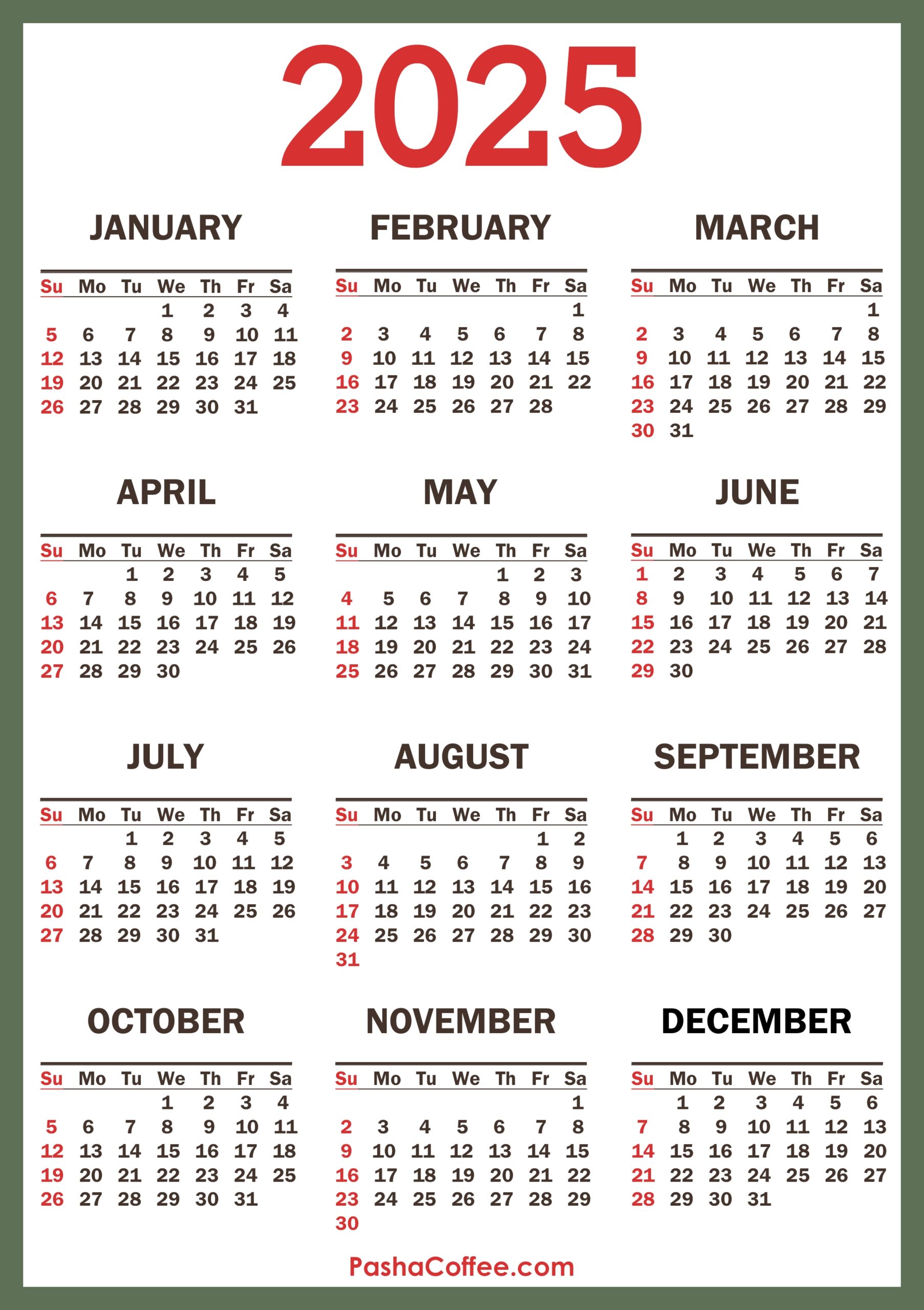 2025 Calendar With Holidays Printable Free Vertical Green PashaCoffee
