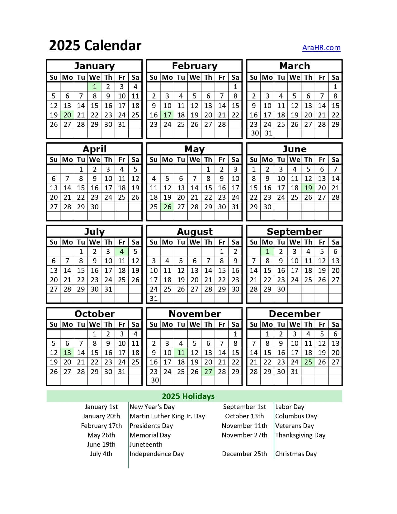Printable Calendar 2025 Excel