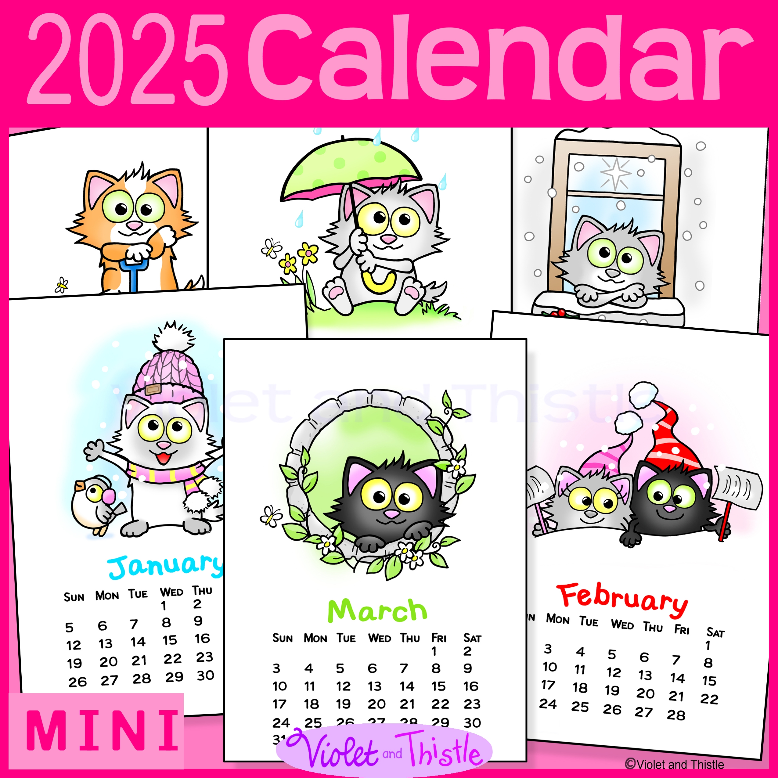2025 Cat Calendar Monthly Printable Year Long Cute Cats Parent Christmas Gift Teacher Appreciation Made By Teachers