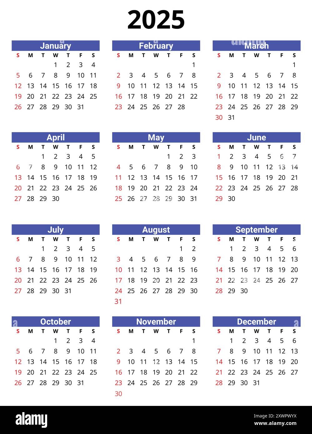 2025 English Vector Calendar Modern Clean Design With 12 Months Customizable For Digital Or Print Use Stock Vector Image Art Alamy