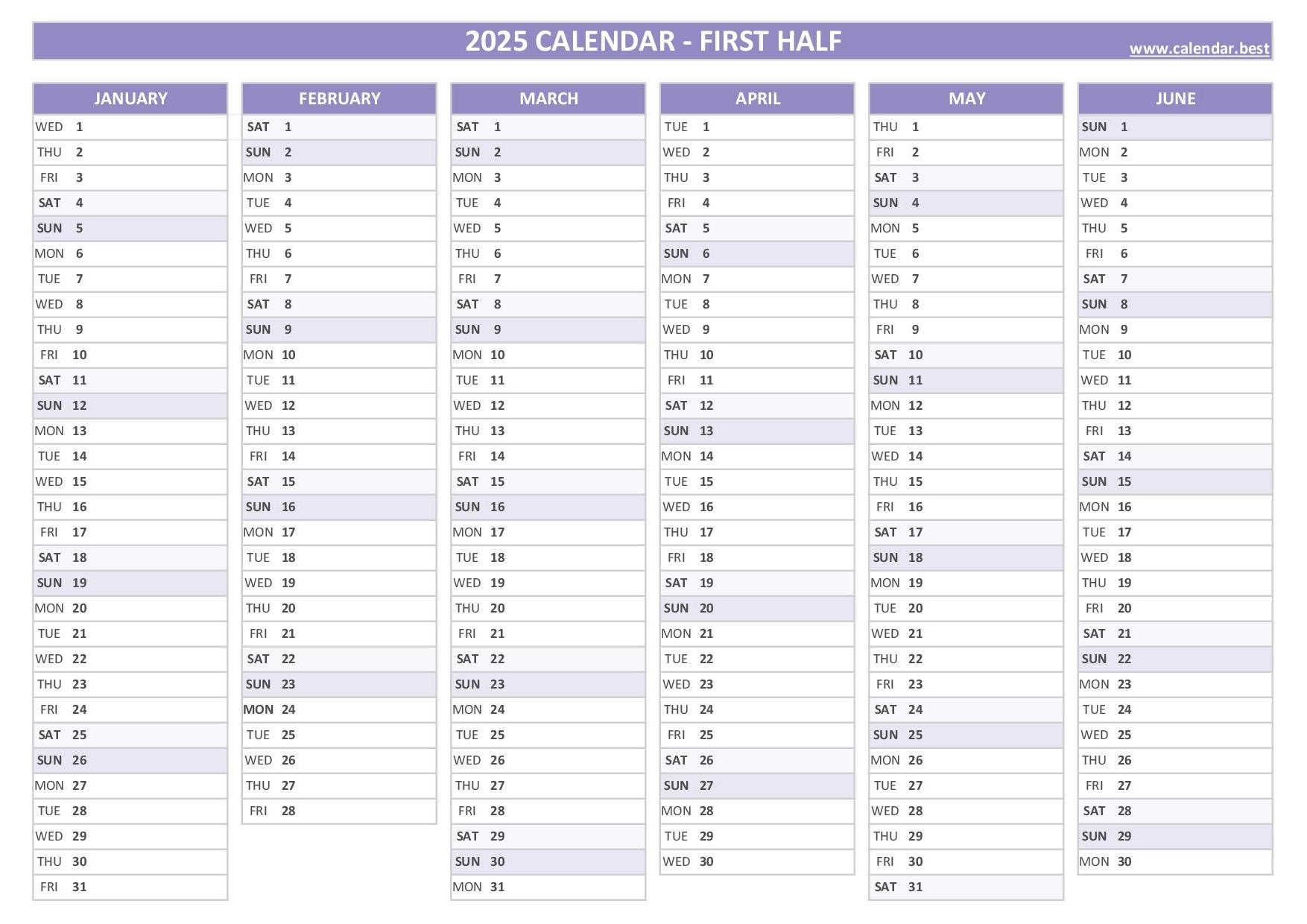 2025 Half Year Calendar To Print 2025 Half Year Calendar To Print