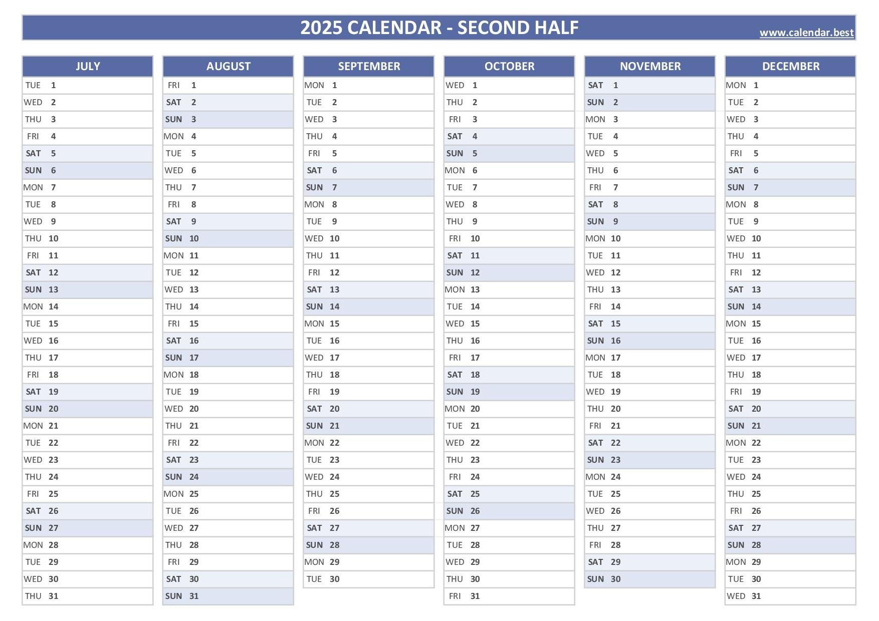 2025 Half Year Calendar To Print 2025 Half Year Calendar To Print