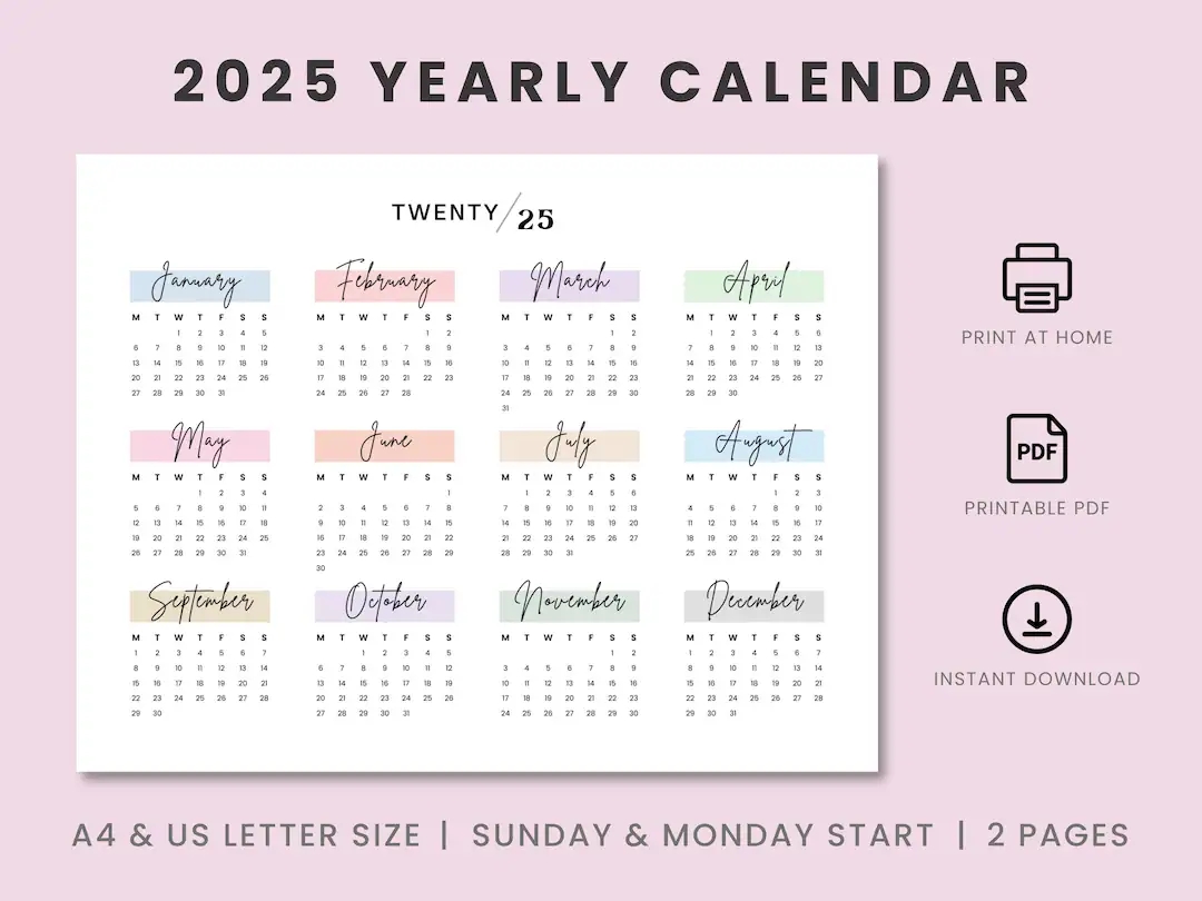 2025 Landscape Yearly Calendar Printable 2025 Calendar Sunday Monday Start Printable Calendar Year At A Glance A4 A5 Letter Size Etsy