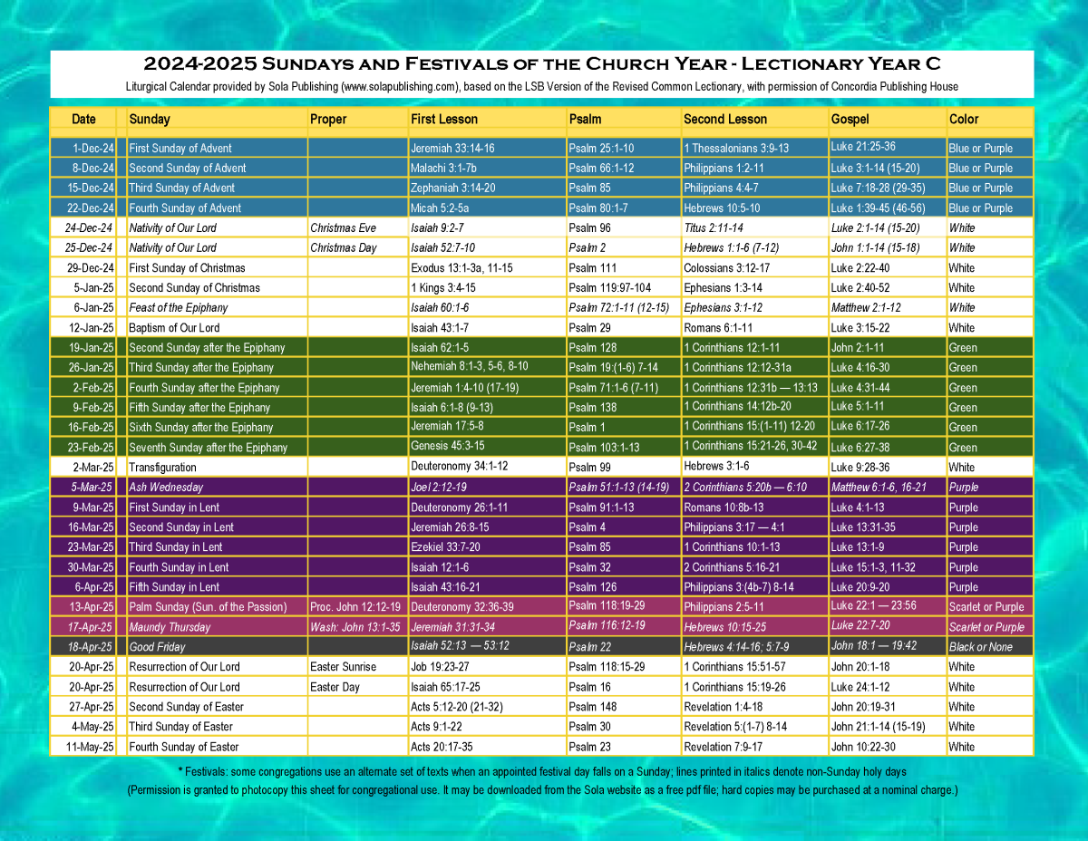 2025 Liturgical Calendar Year C K 2025 Sola Publishing