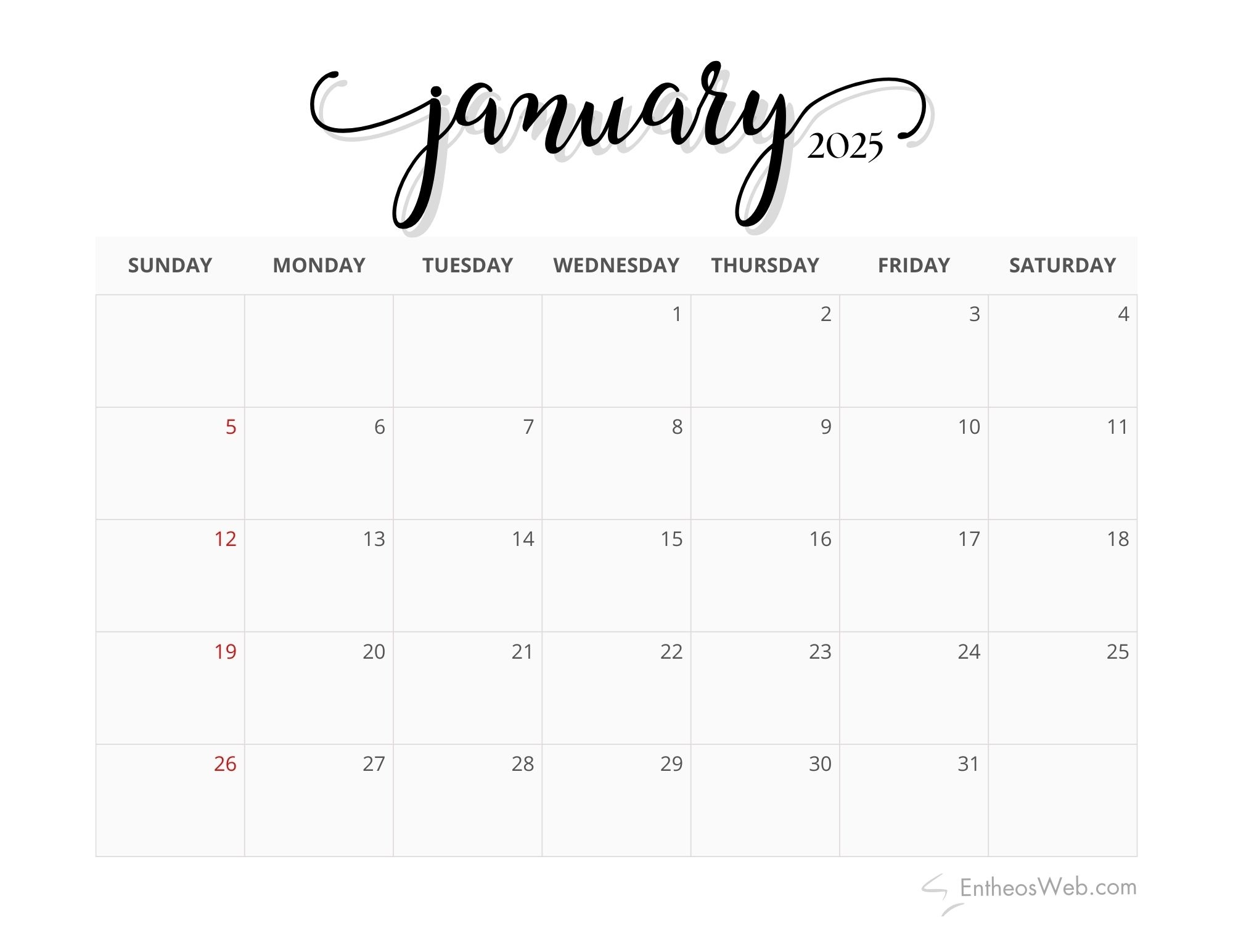 2025 12 Month Printable Calendar