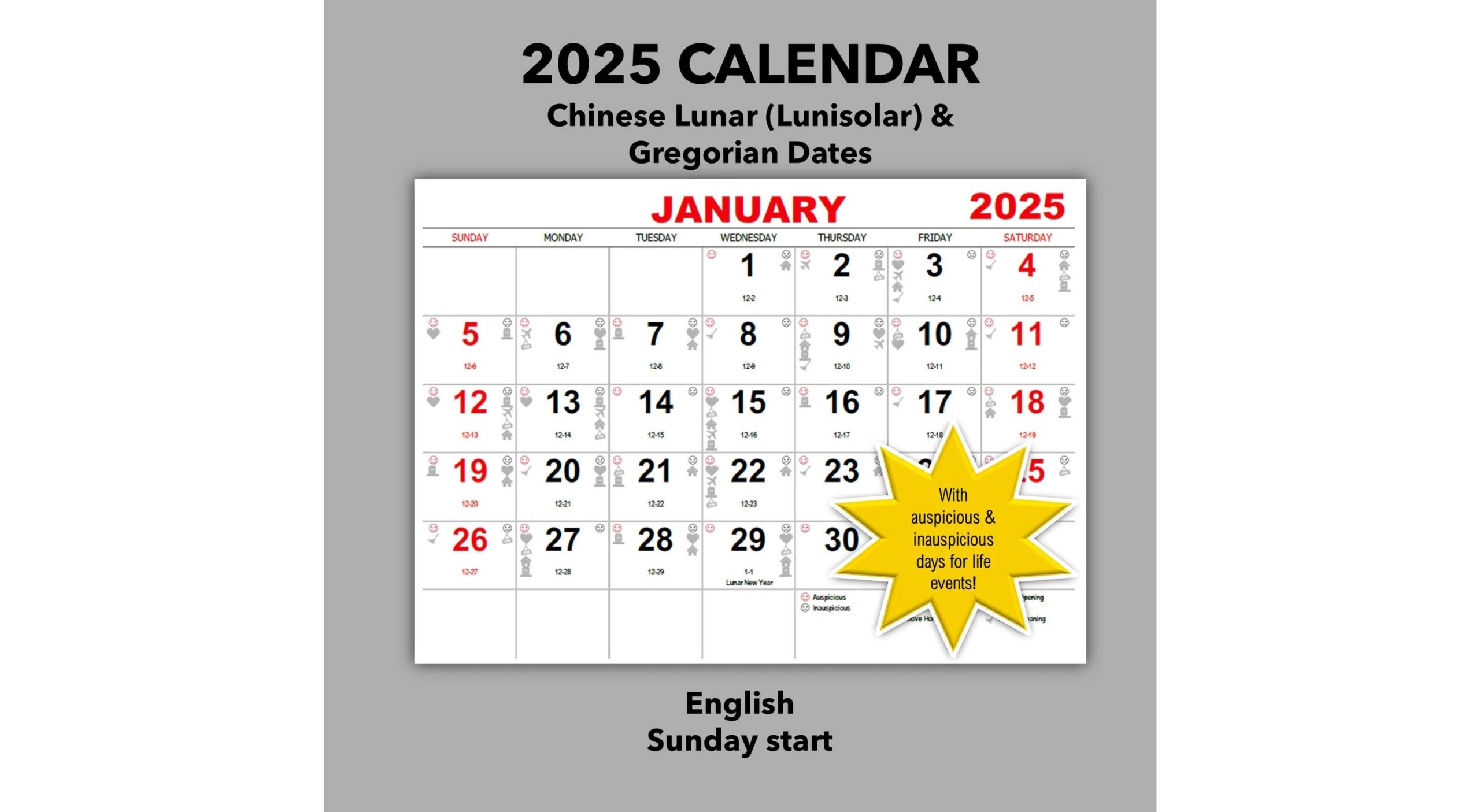 2025 Monthly Calendar Chinese Lunar gregorian Auspicious Inauspicious Dates Lunisolar Festivals Printable PDF Download Etsy