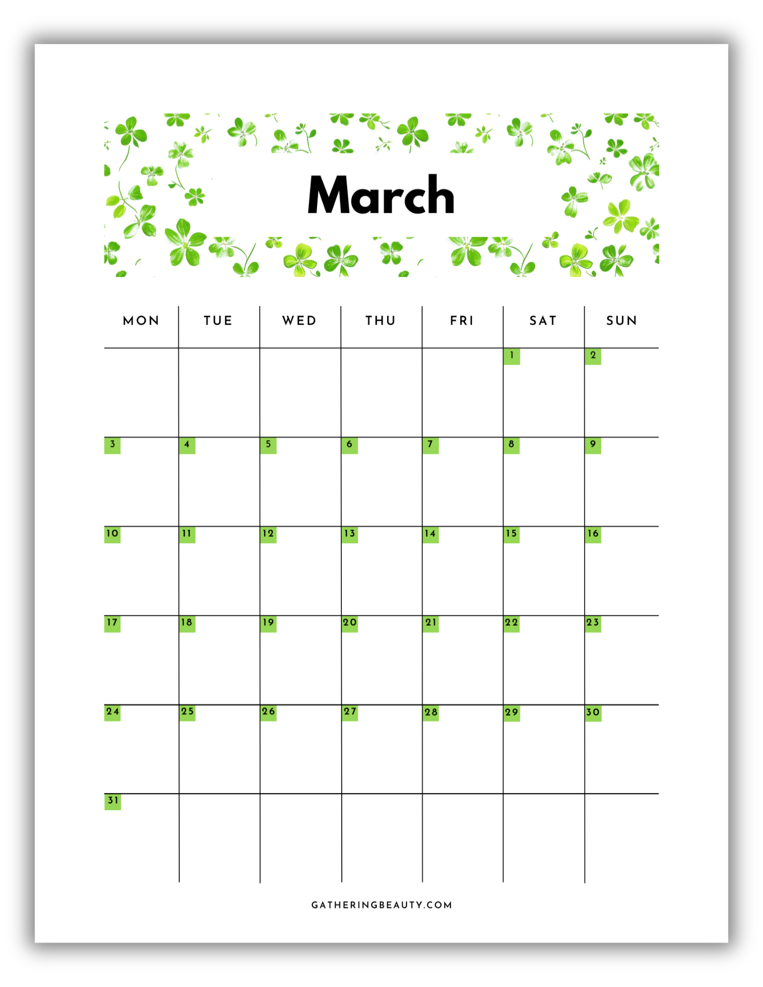 2025 Monthly Portrait Calendar Printable