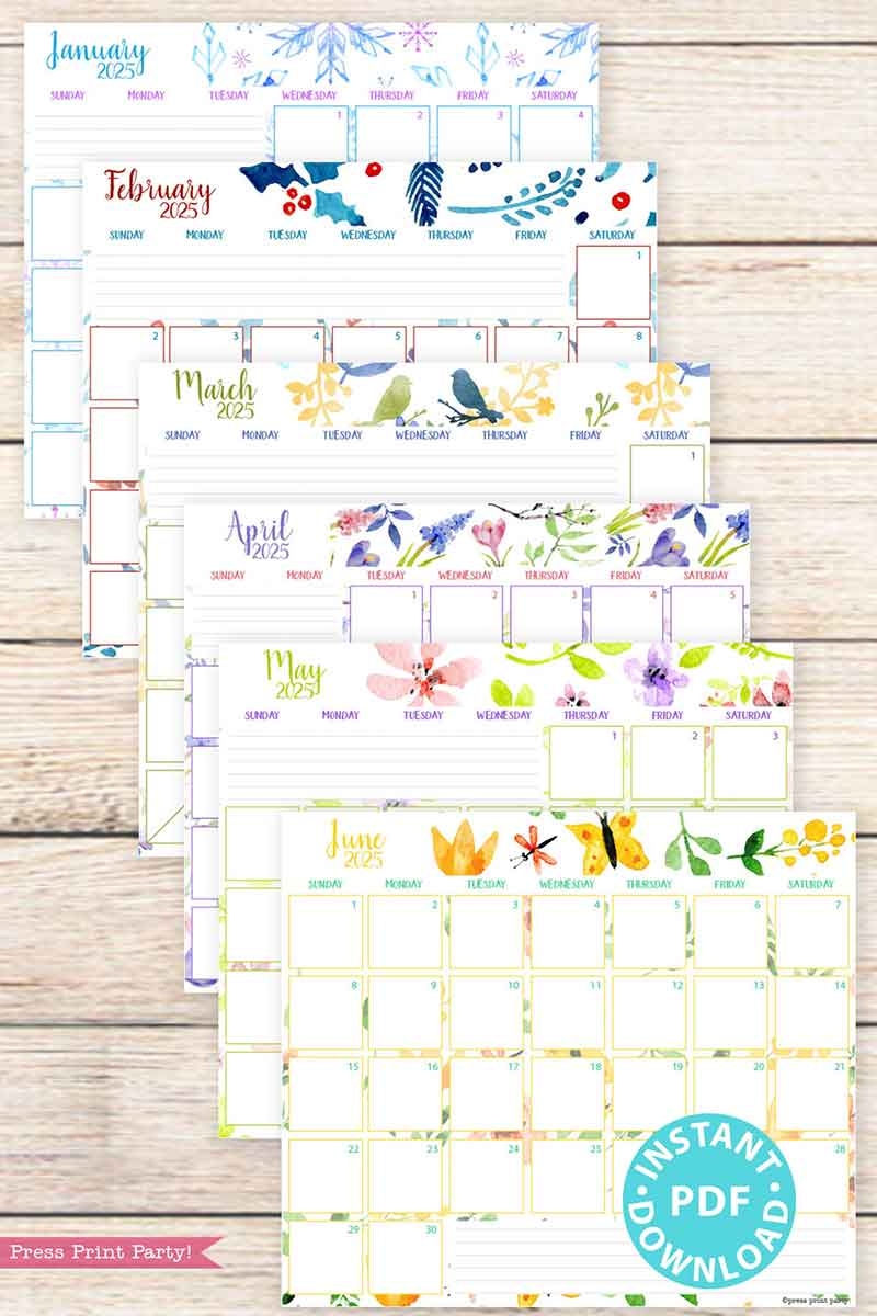 2025 Monthly Calendars For Bullet Journals Or Binders Watercolor Printable 2025 Monthly Calendars For Bullet Journals Or Binders Watercolor Printable