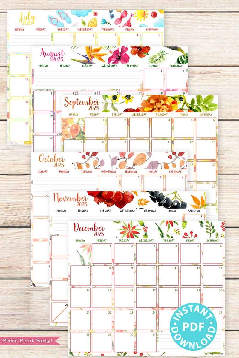 2025 monthly calendars for bullet journals or binders watercolor printable
