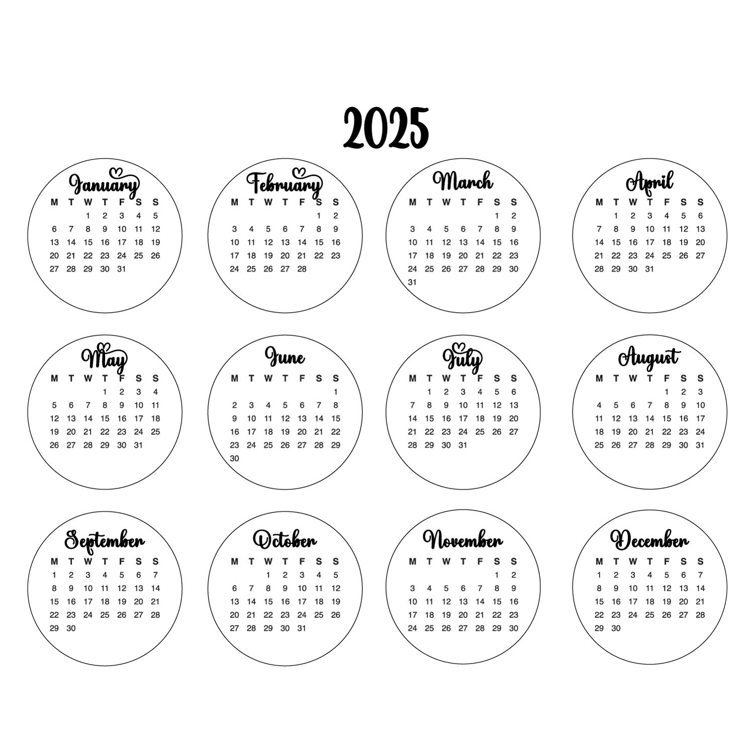 Printable Cursive Calendar Sheets 2025 Black And White