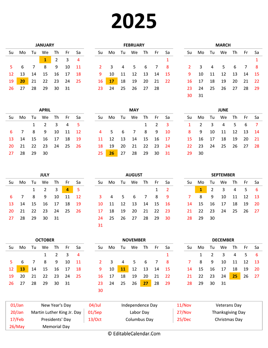 Printable 2025 Calendar With Holidays Pdf