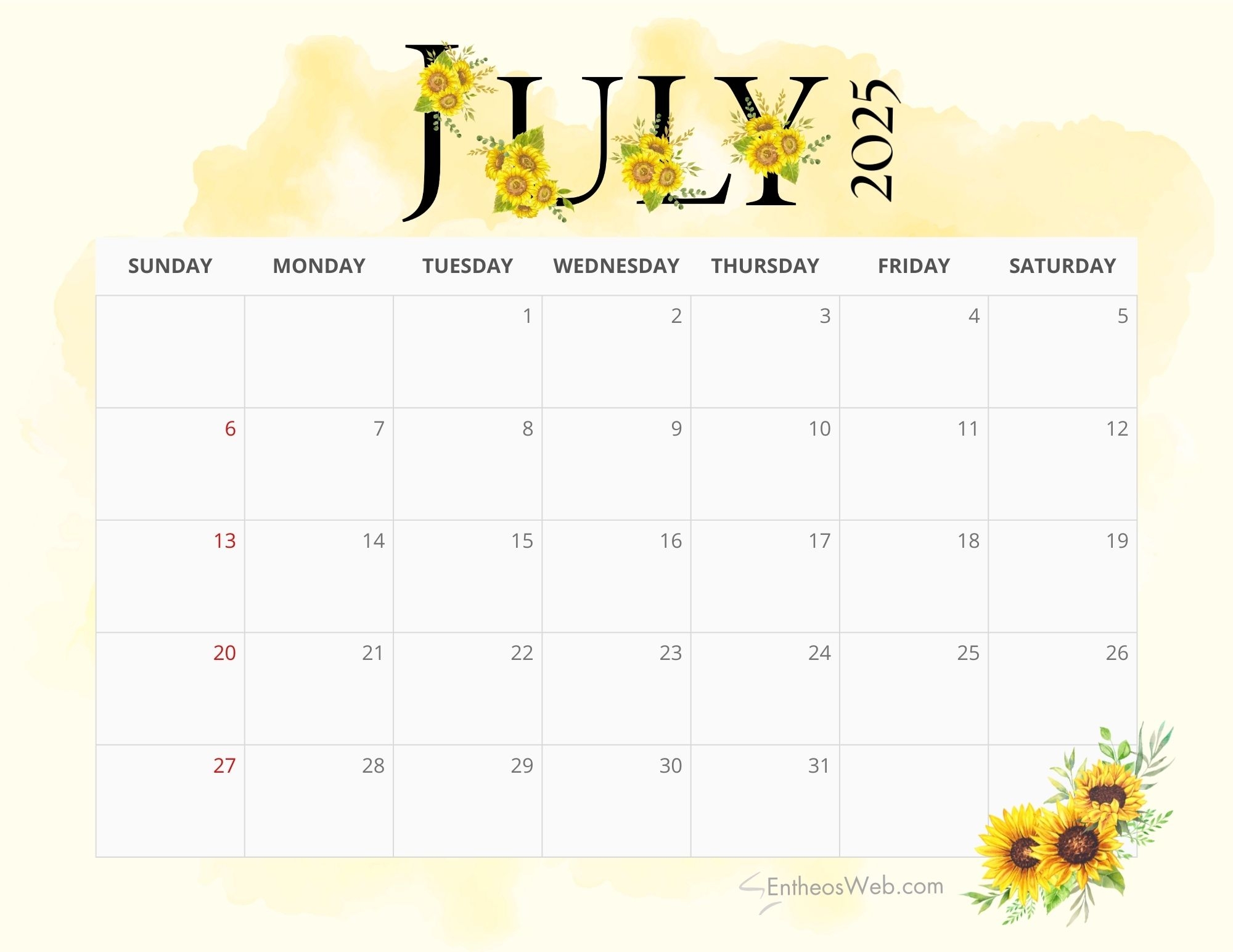 2025 Sunflowers Calendar Printable EntheosWeb