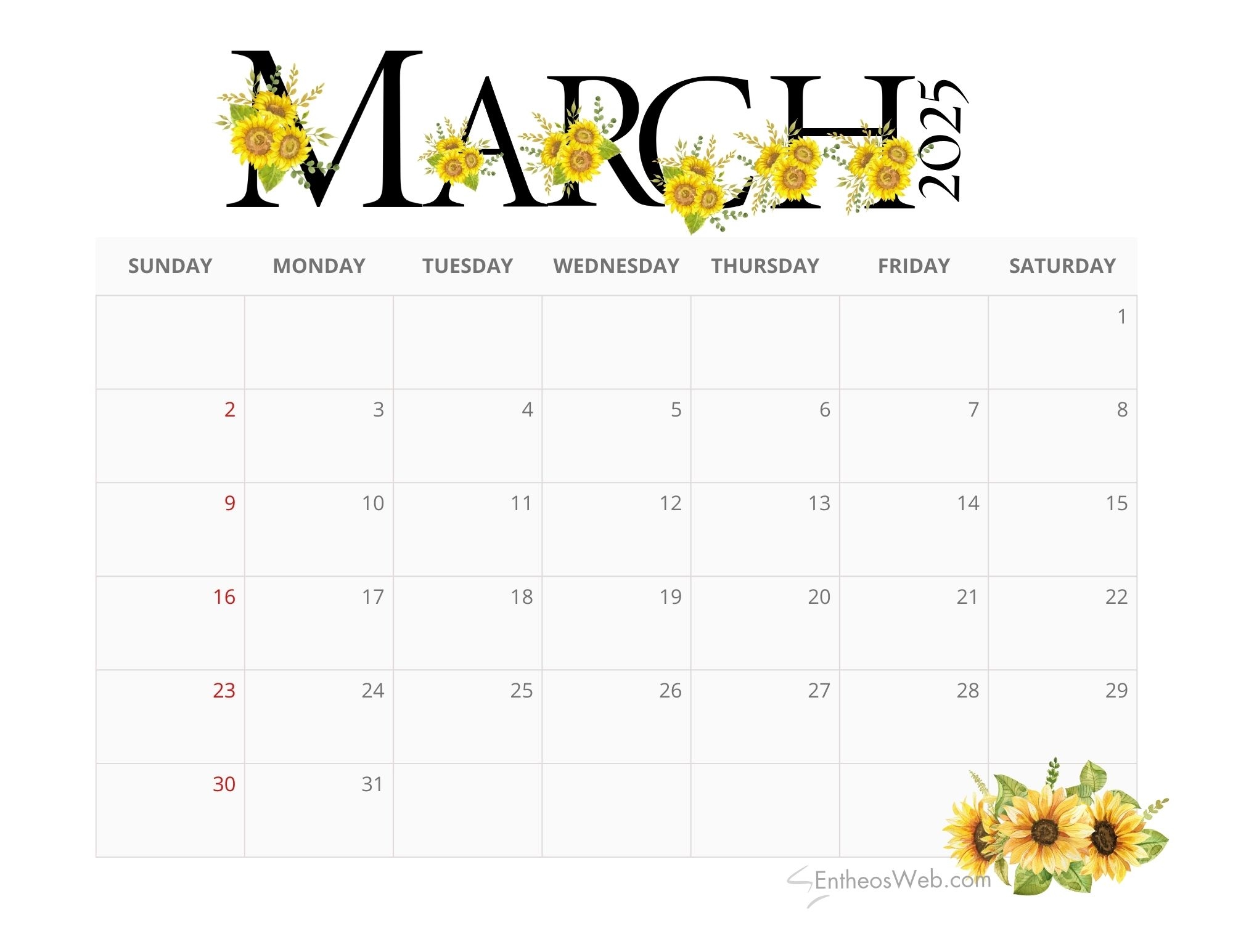 2025 Sunflowers Calendar Printable EntheosWeb
