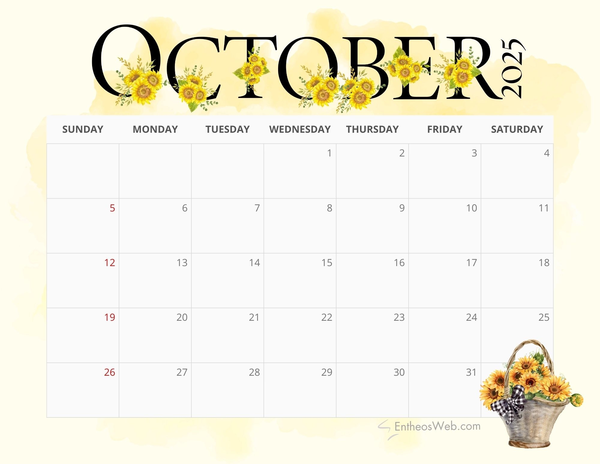2025 Sunflowers Calendar Printable EntheosWeb