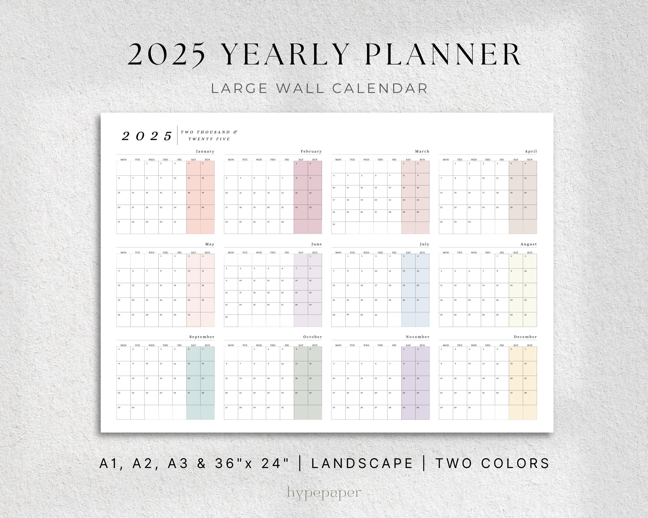 2025 Year At A Glance Calendar Planner Landscape Large Printable Wall Calendar Calendar Wall Planner 2025 2025 Printable Yearly Planner Etsy