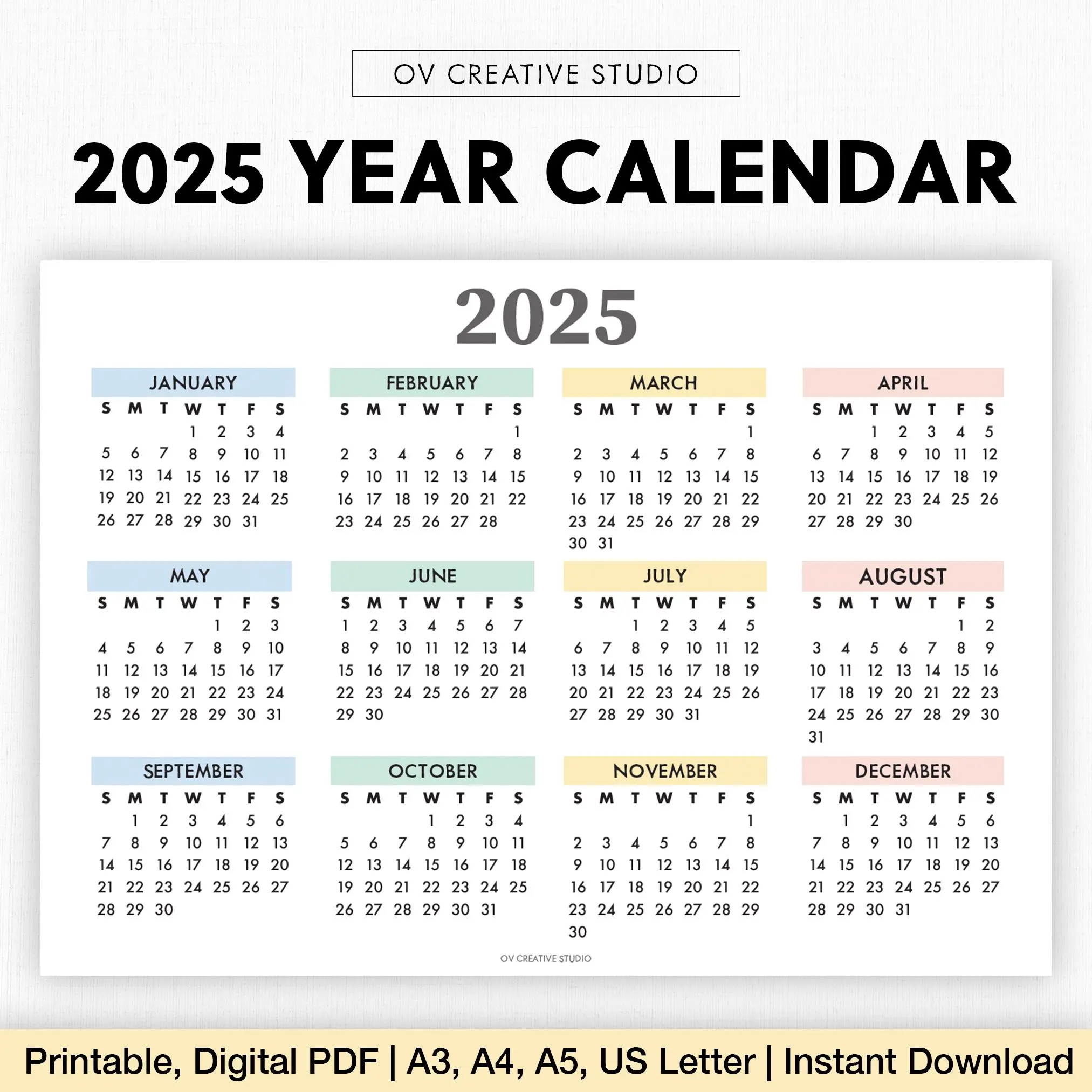 2025 year calendar printable year at a glance digital download 2025 annual calendar yearly planner yearly tracker wall calendar etsy