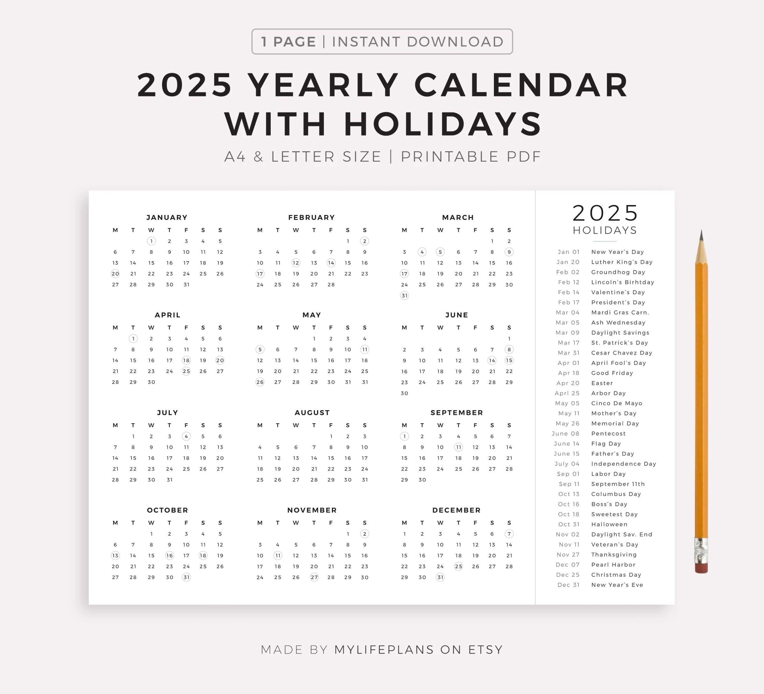 2025 year calendar with holidays on one page printable landscape wall calendar desk calendar sunday monday start a4 letter etsy