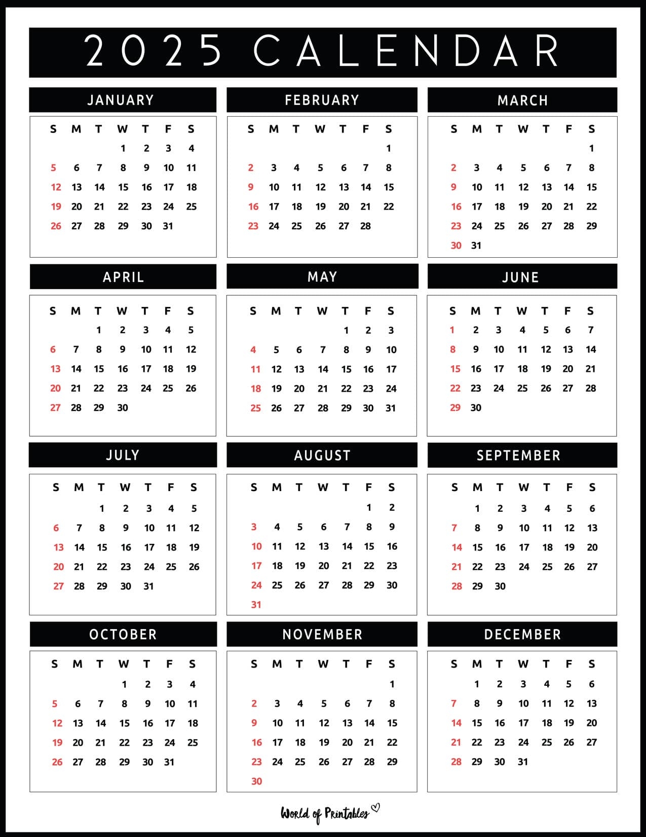 2025 Online Printable Calendars
