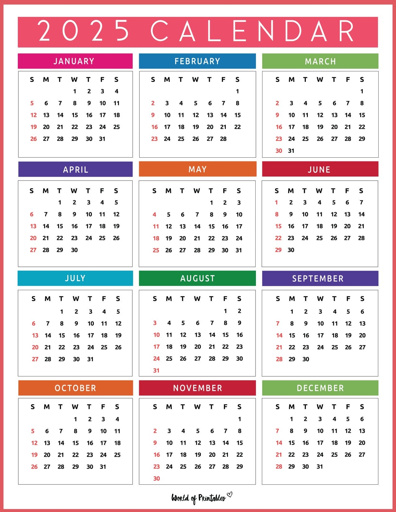 Year 2025 Calendar Printable Year 2025 Calendar Printable