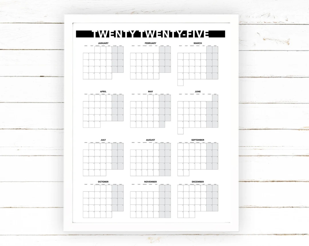 2025 Yearly Calendar Monthly View Printable Blank Dated Month By Month Year View Extra Large Wall Calendar Digital Printable Etsy