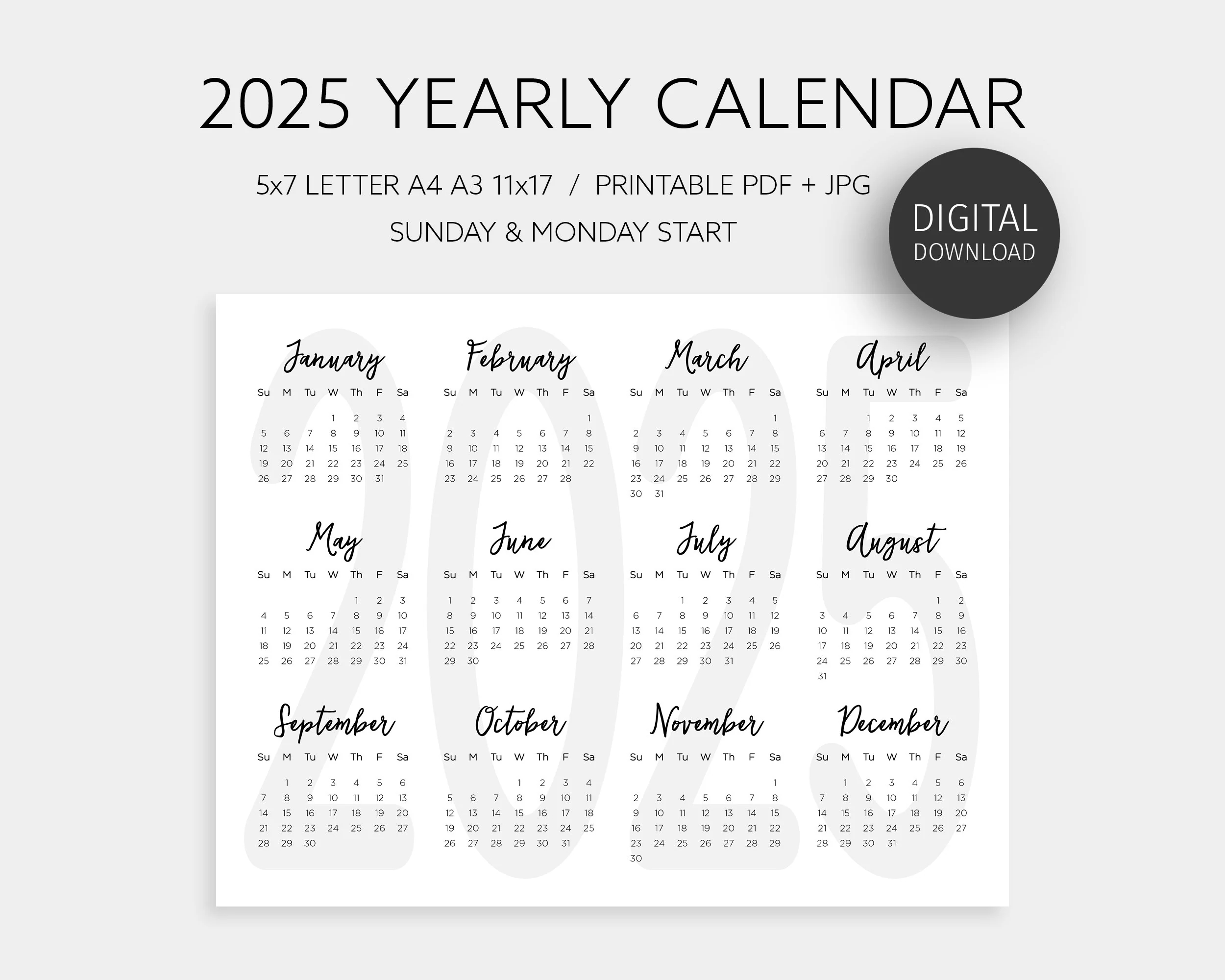 2025 Yearly Calendar One Page Printable Calendar Year At A Glance Large Annual Wall Planner 5x7 Letter A4 A3 11x17 Sunday Monday Start Etsy