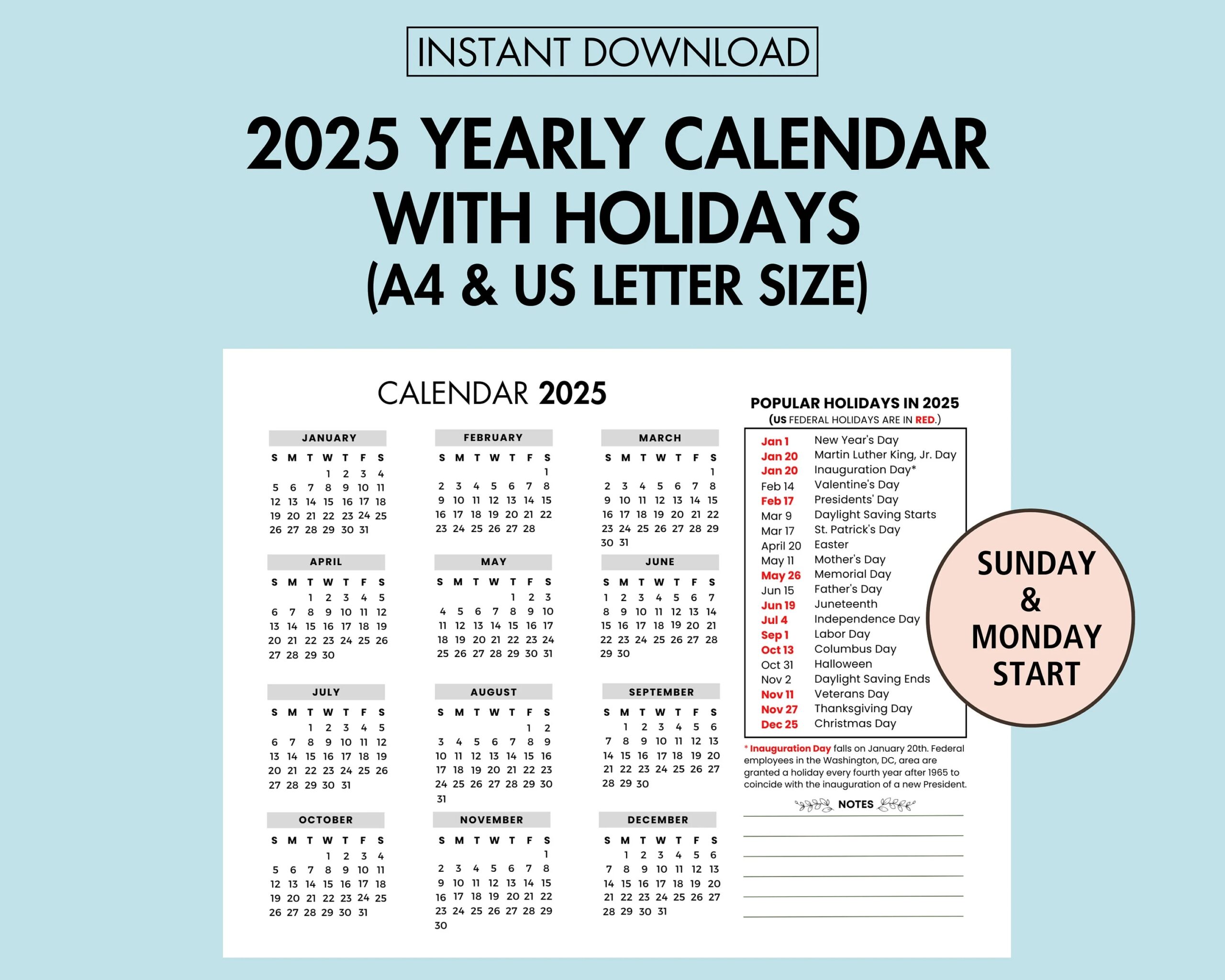 2025 Yearly Calendar With Holiday 2025 Yearly Overview 2025 Year At A Glance Printable 2025 Holiday Calendar Printable Sunday Monday Start Etsy