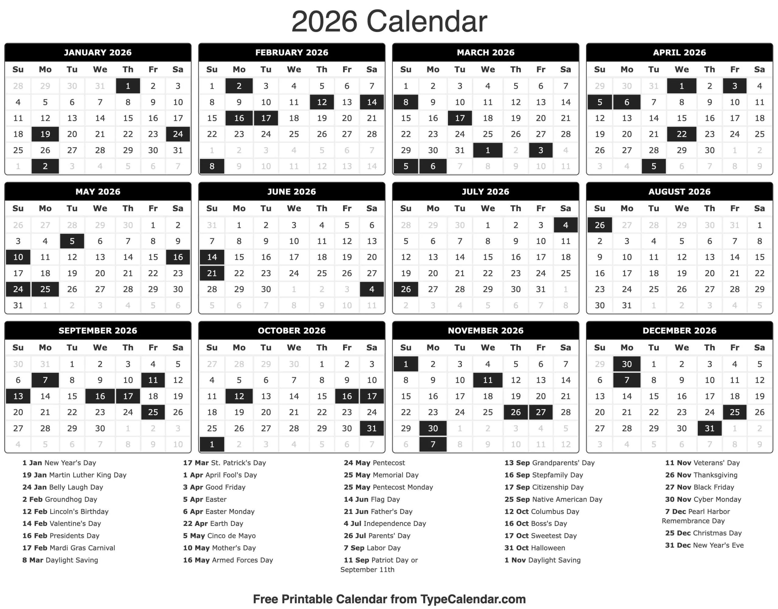 2026 calendar free printable calendar with holidays