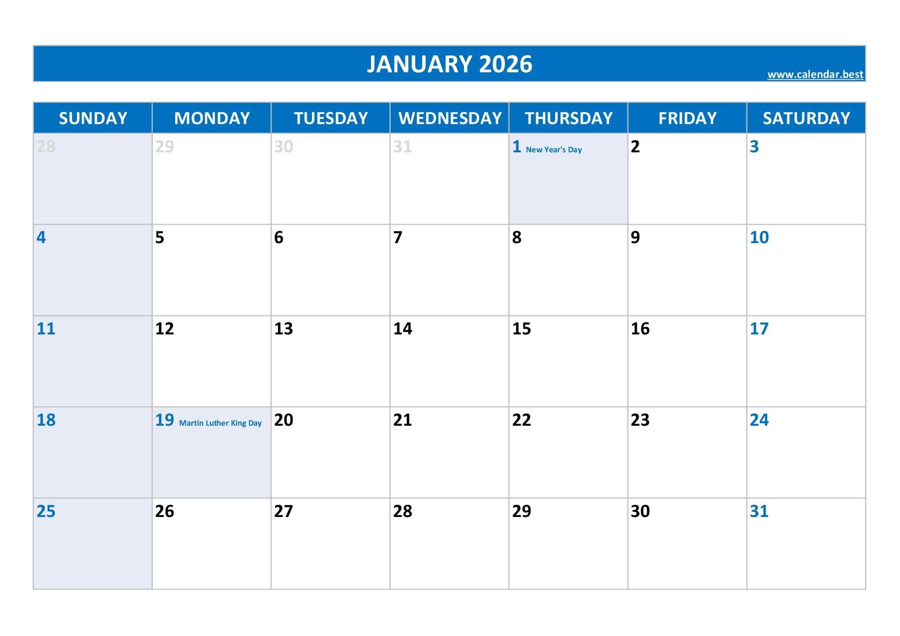2026 Calendar With Holidays US Federal Holidays 2026 Calendar With Holidays US Federal Holidays