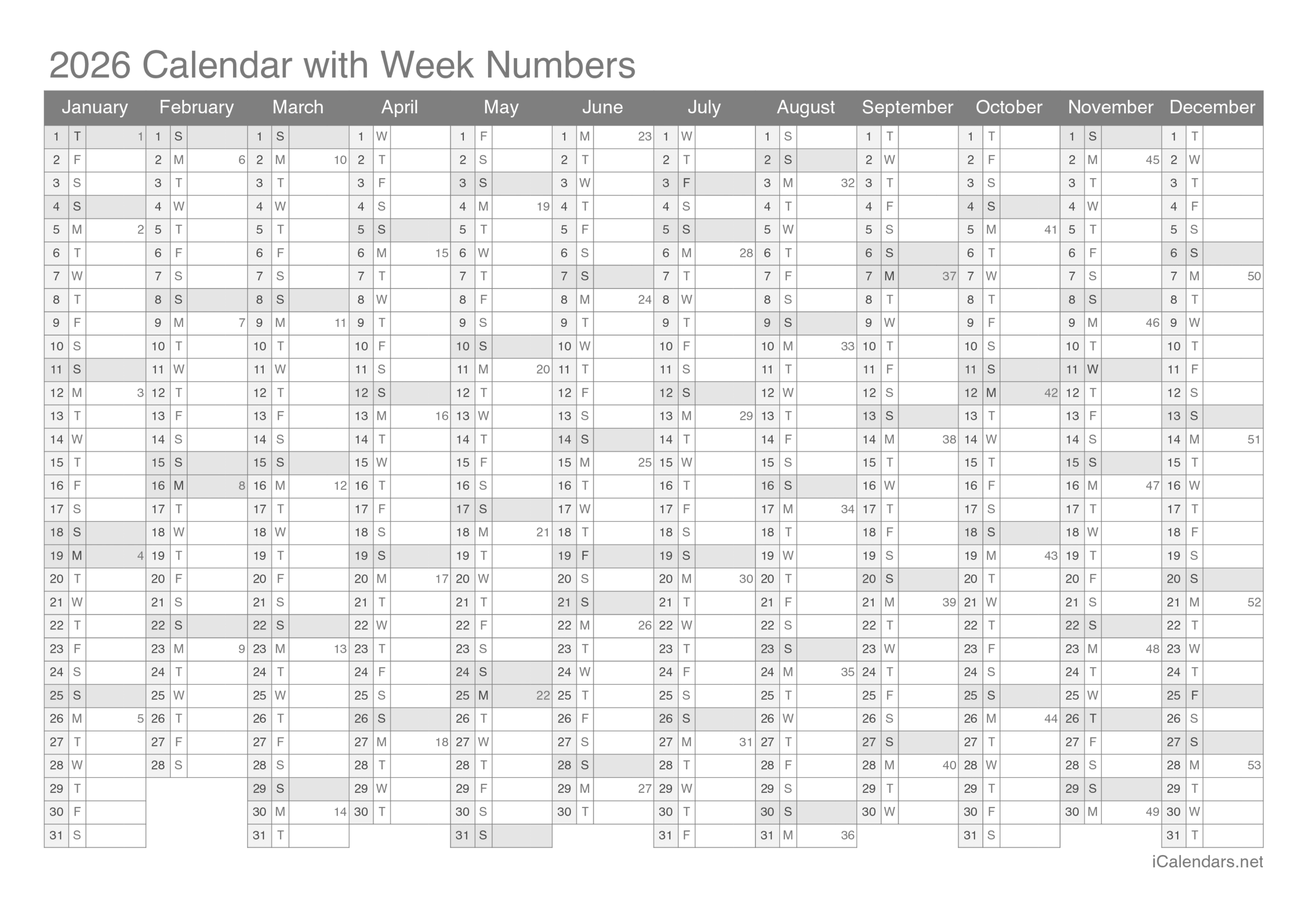 2026 printable calendar pdf or excel