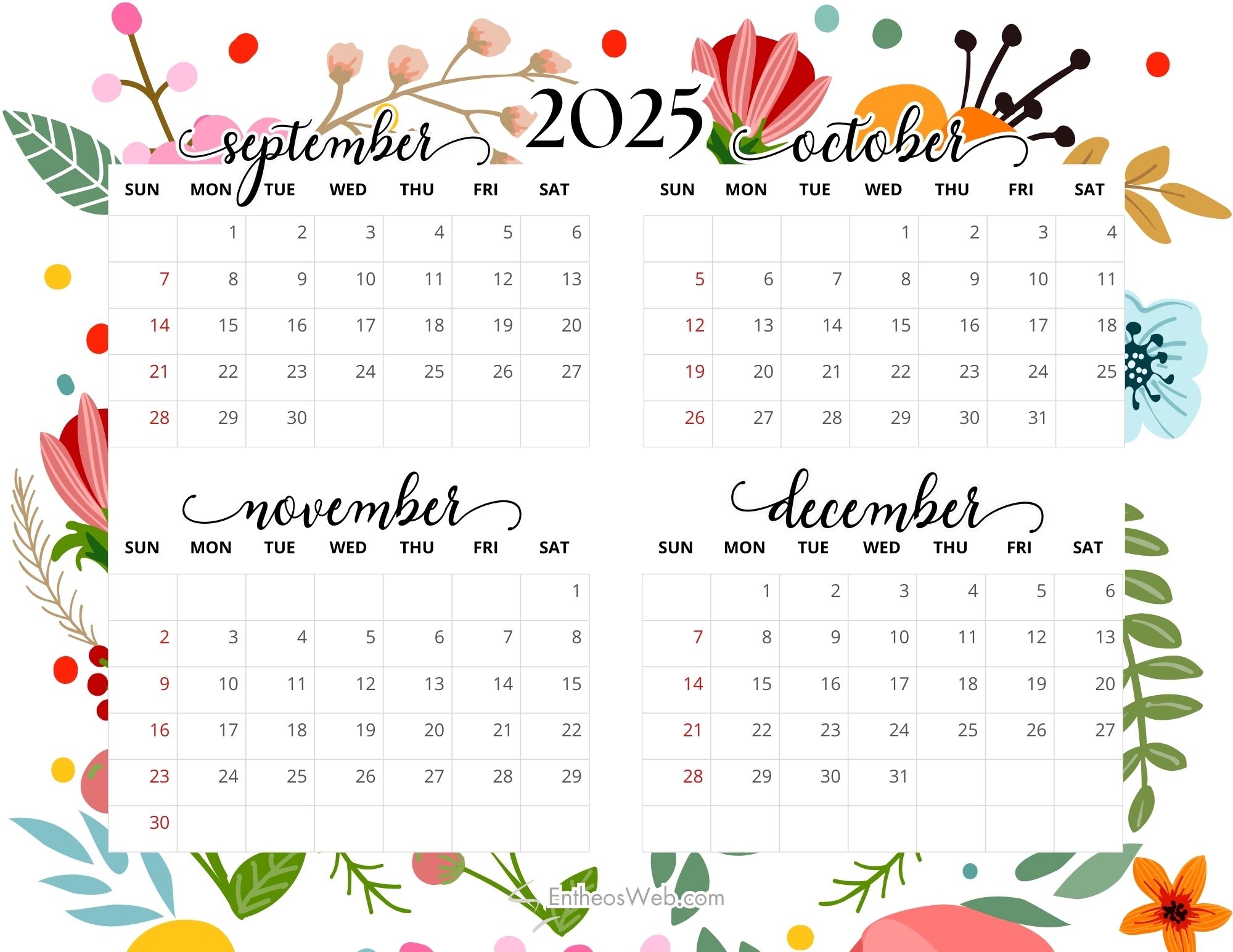 Printable Calendar Sept To Dec 2025