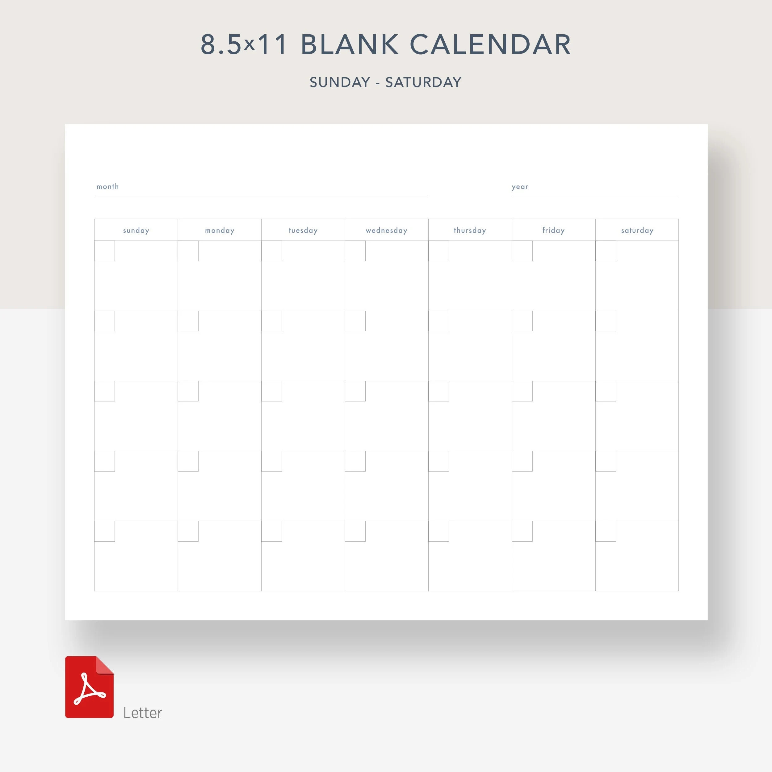 8 5 X 11 Inch Blank Calendar Page Template Sunday To Saturday Or Monday To Sunday Monthly Printable Desk Wall Calendar Etsy