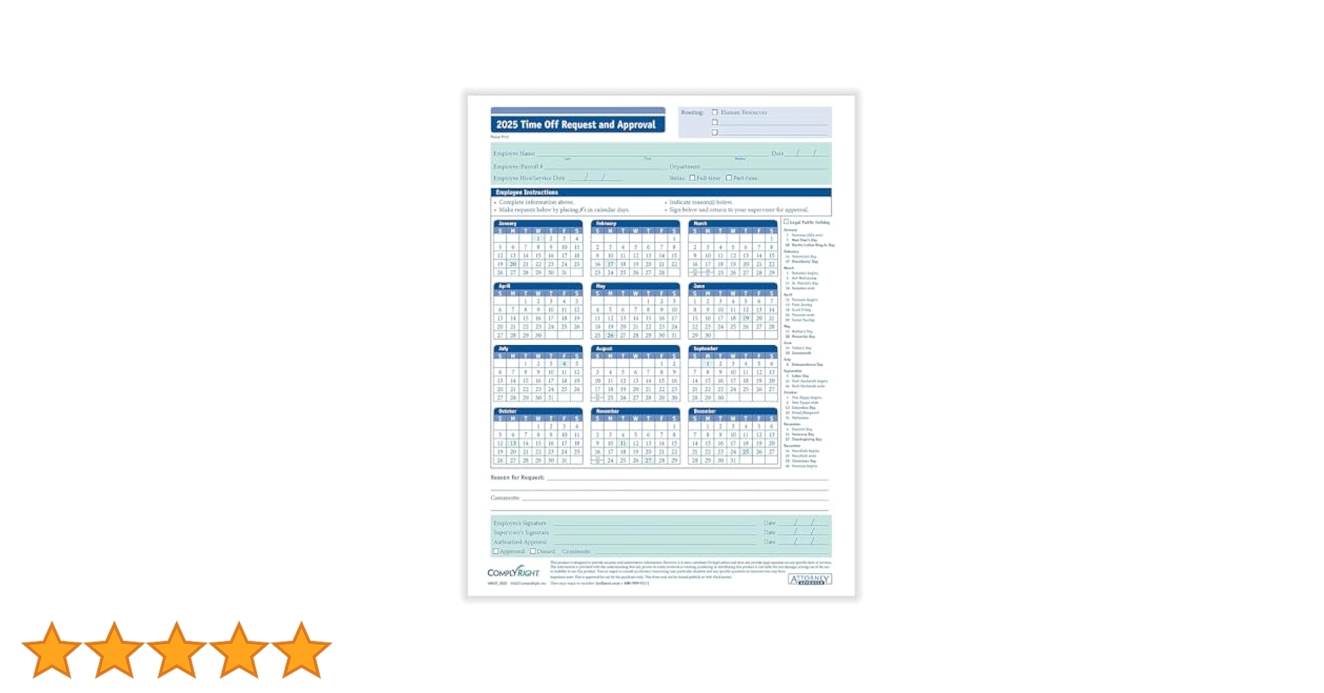 Amazon ComplyRight 2025 Time Off Request And Approval Calendar Pack Of 50 A0037 Office Products