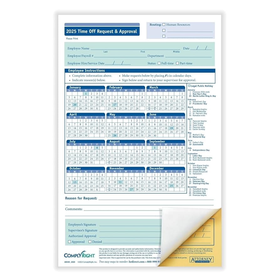 Amazon ComplyRight 2025 Time Off Request And Approval Form Small 5 1 2 X 8 1 2 2 Part Pack Of 50 Office Products