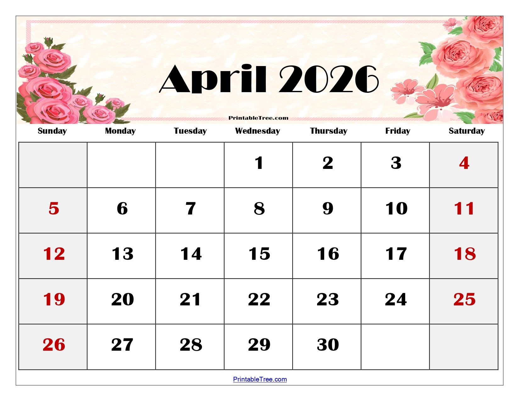 Printable April 2026 Calendar Pdf