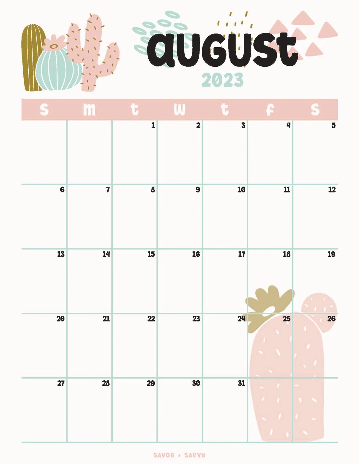 August 2023 Calendar Templates 12 Free Printables Savor Savvy