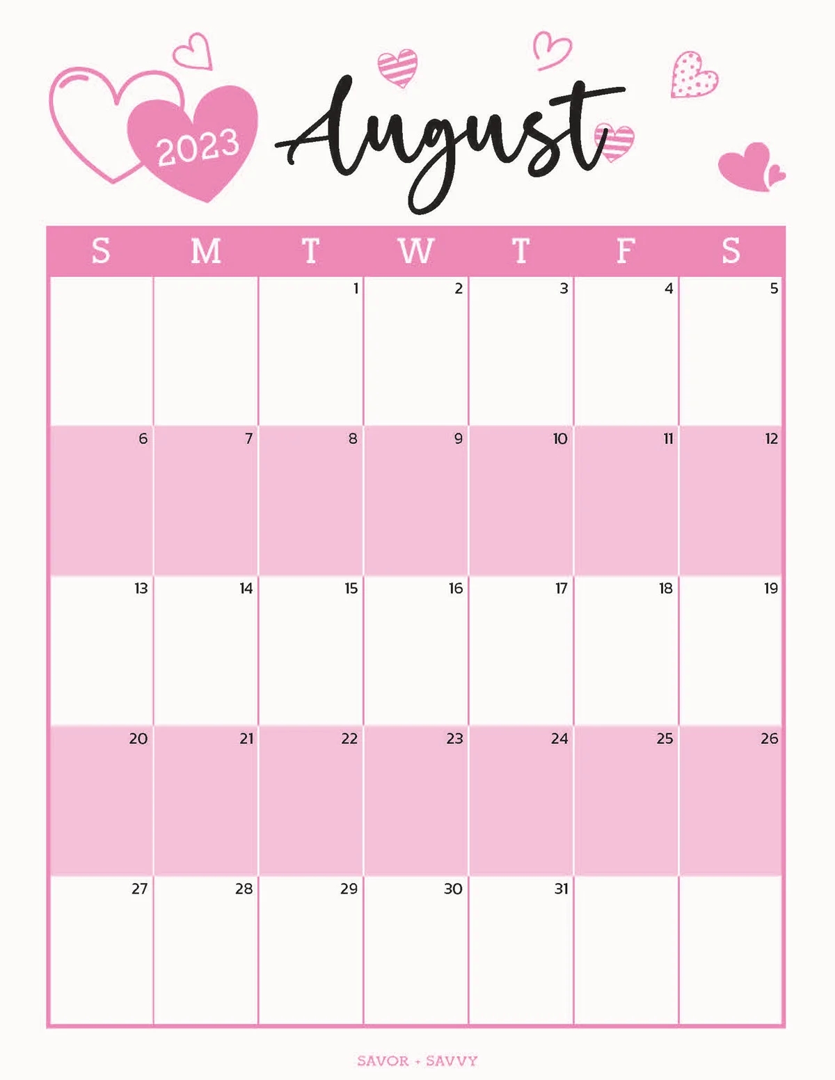 August 2023 Calendar Templates 12 Free Printables Savor Savvy